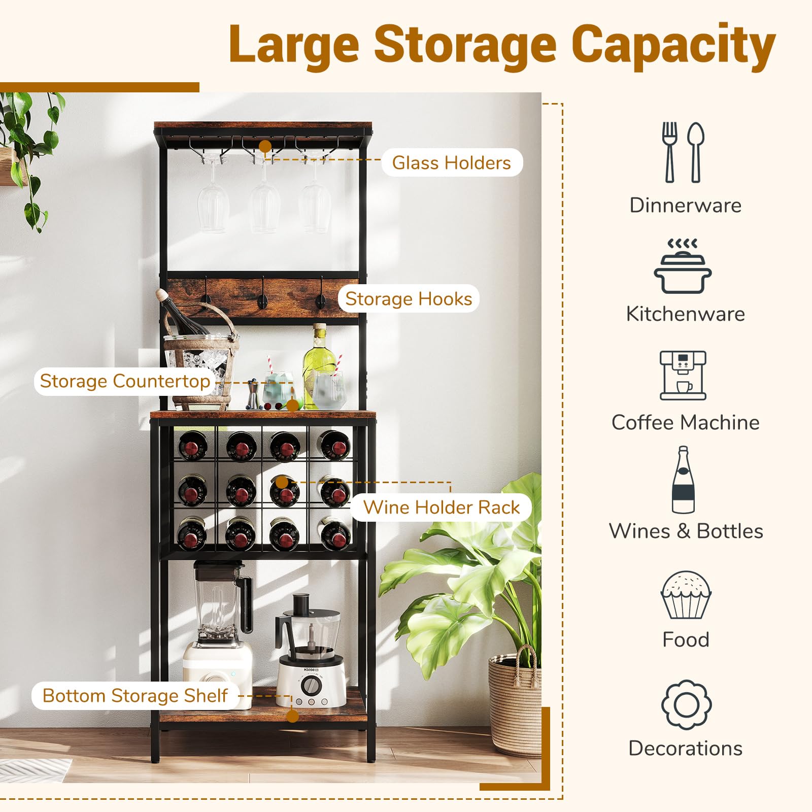 GIANTEX Estantería de Cocina con Botellero para 12 Botellas, 3 Ganchos Dobles y Portavasos, Mueble para Almacenamiento de Vino, 54x37x156cm, Carga Total hasta 150 kg, Organizador para Comedor, Bar