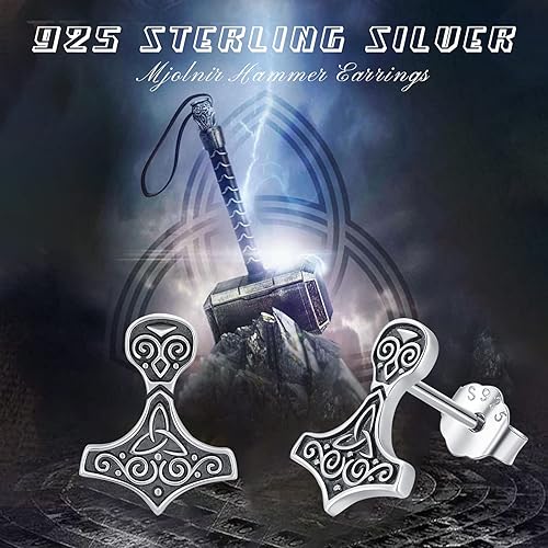 Miniatura 6 de Aretes de martillo vikingo Cletic Mjolnir, aretes nórdicos vikingos para hombres, joyería nórdica para mujer, plata de ley 925, Plata de ley, No es