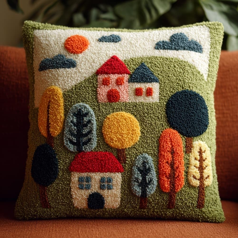 Taxpy Latch Hook Cushion Kits Houses Pillowcase Kits Embroidery Kit 17X17 Inch DIY Needlework Pillow Cover Sofa Cushion Rug Making