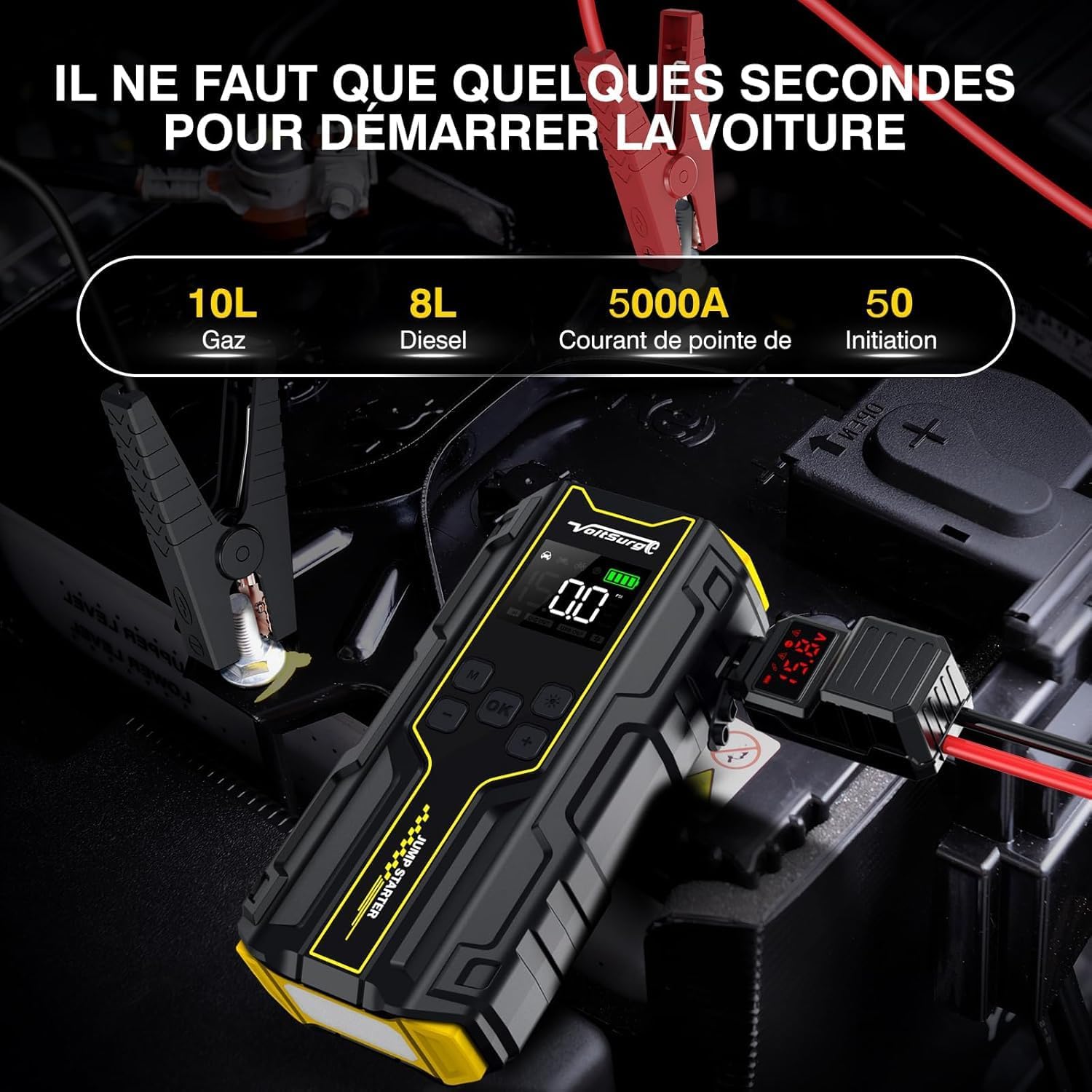 VoltSurge D03s connected to a car battery with jumper clamps, ready to jump start. Display shows 0.0.