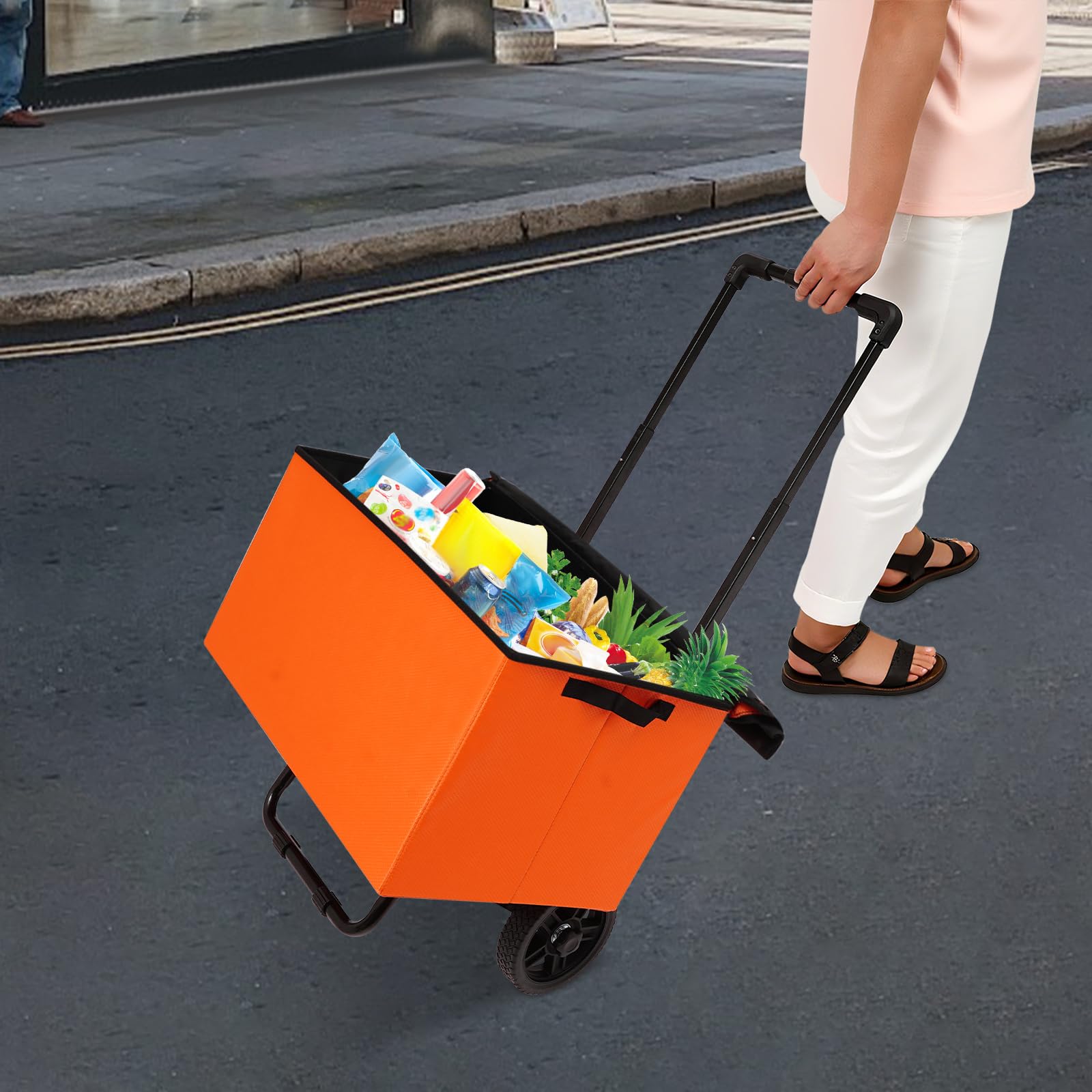 64L Einkaufstrolley klappbar Shopping Trolley, Ausgestattet mit Zwei Rollen und Einer Teleskopstange, Tragbarer Einkaufswagen, bis 80kg belastbar, Geeignet für Einkäufe und Lebensmittelkäufe (Orange)