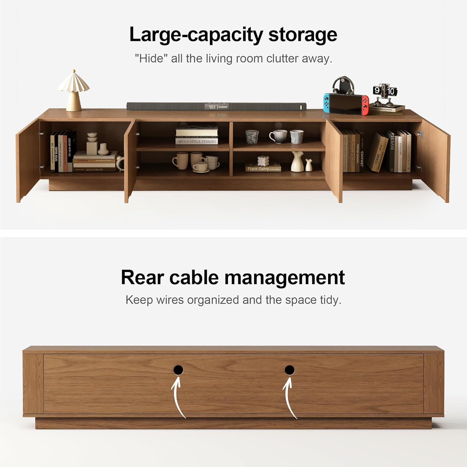 86.61" Mid-Century Modern TV Stand for TVs up to 85", Sturdy Living Room Furniture Media Console with Large Storage Space, Entertainment Center for Living Room and Bedroom, Walnut