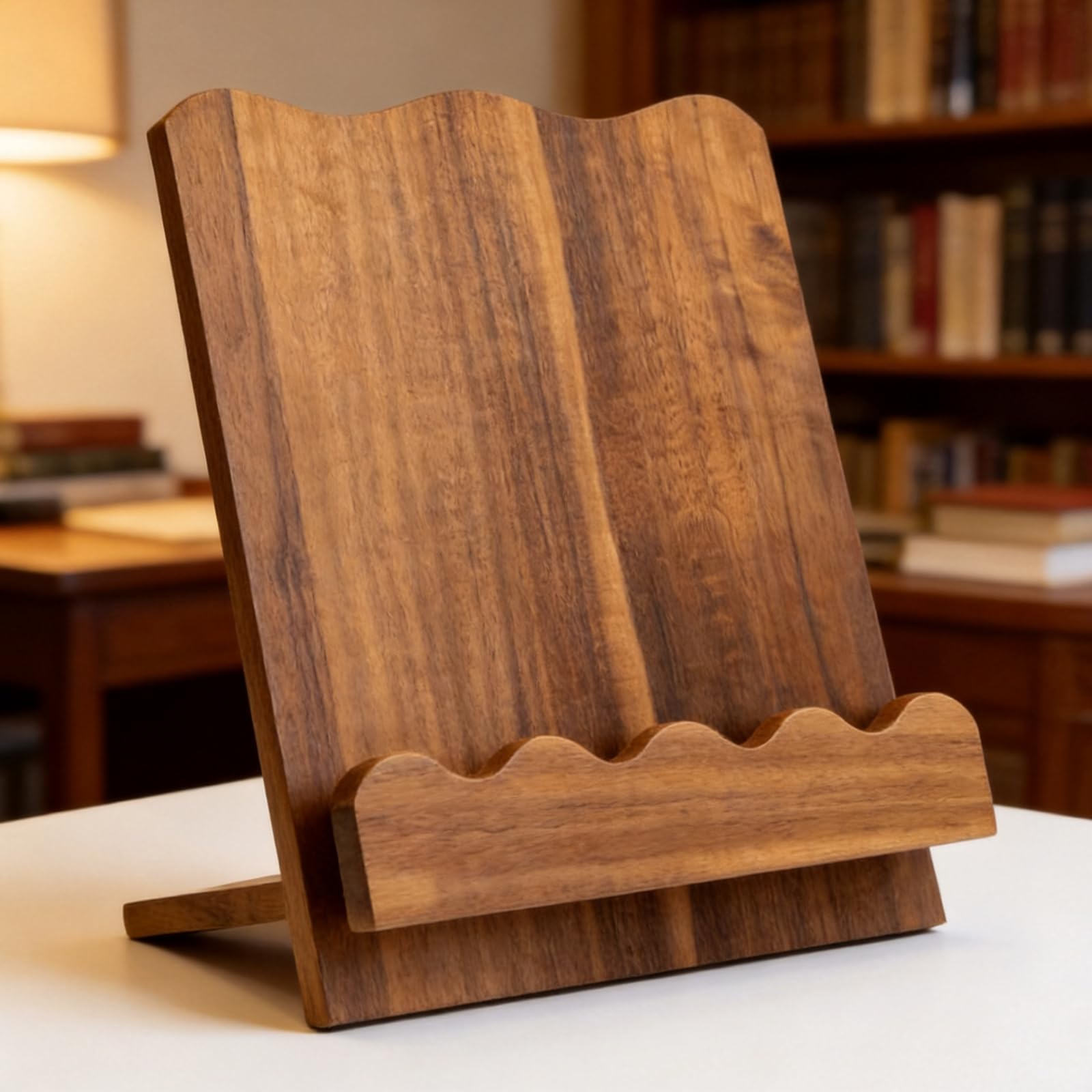 Soporte para libros de escritorio con detalle frontal redondeado, panel de lectura de madera, soporte de labios estable, visualización de recetas abiertas para espacio de trabajo de cocina, área de de