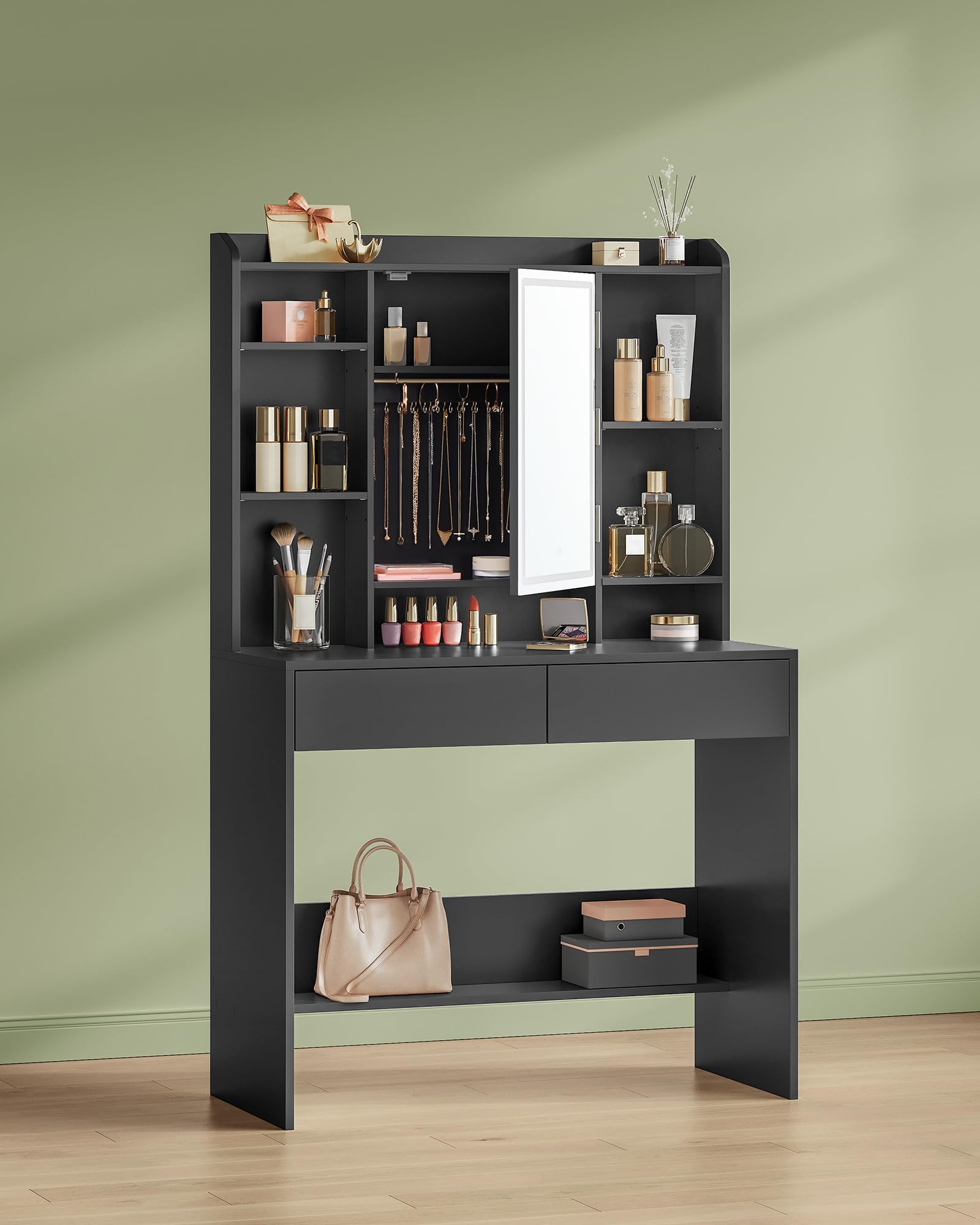 VASAGLE KAILYN Collezione - Toeletta con Luci LED 3 Colorazioni con Luminosità Regolabile, Tavolo da Trucco con Specchio, Ripiani Regolabili, 2 Cassetti, Postazione Trucco, Nero Inchiostro RDT123B01