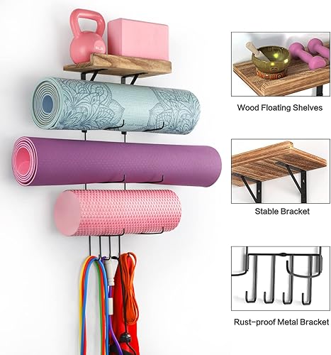Miniatura 3 de Soporte para esterilla de yoga, accesorios de montaje en pared, organizador de almacenamiento, rodillo de espuma y toallero con 4 ganchos y estantes