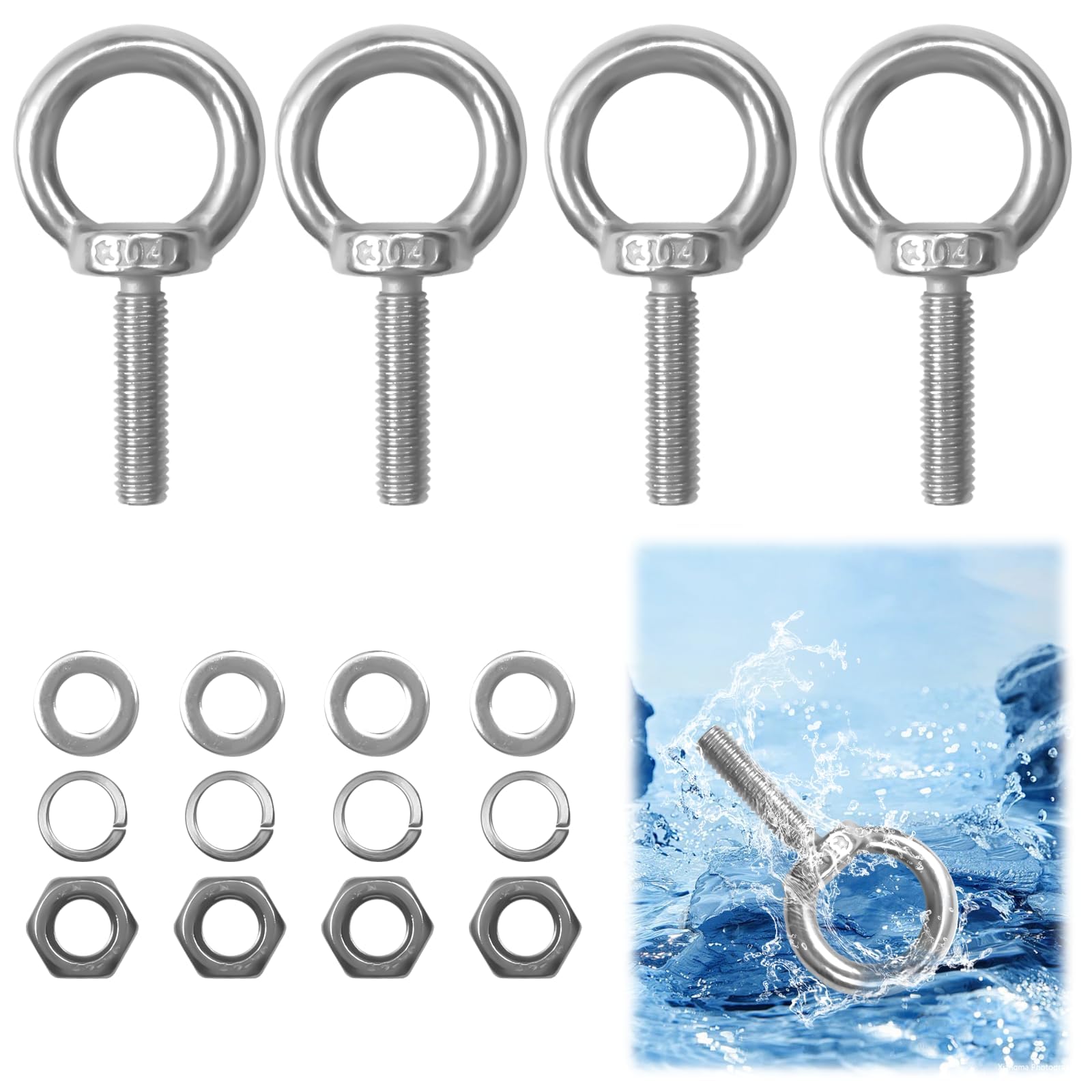 Jinsion Lifting Eye Bolt, 4 Pcs 304 Stainless Steel Eye Bolts with Nut Washer, M8 x 30mm Eyebolt Double