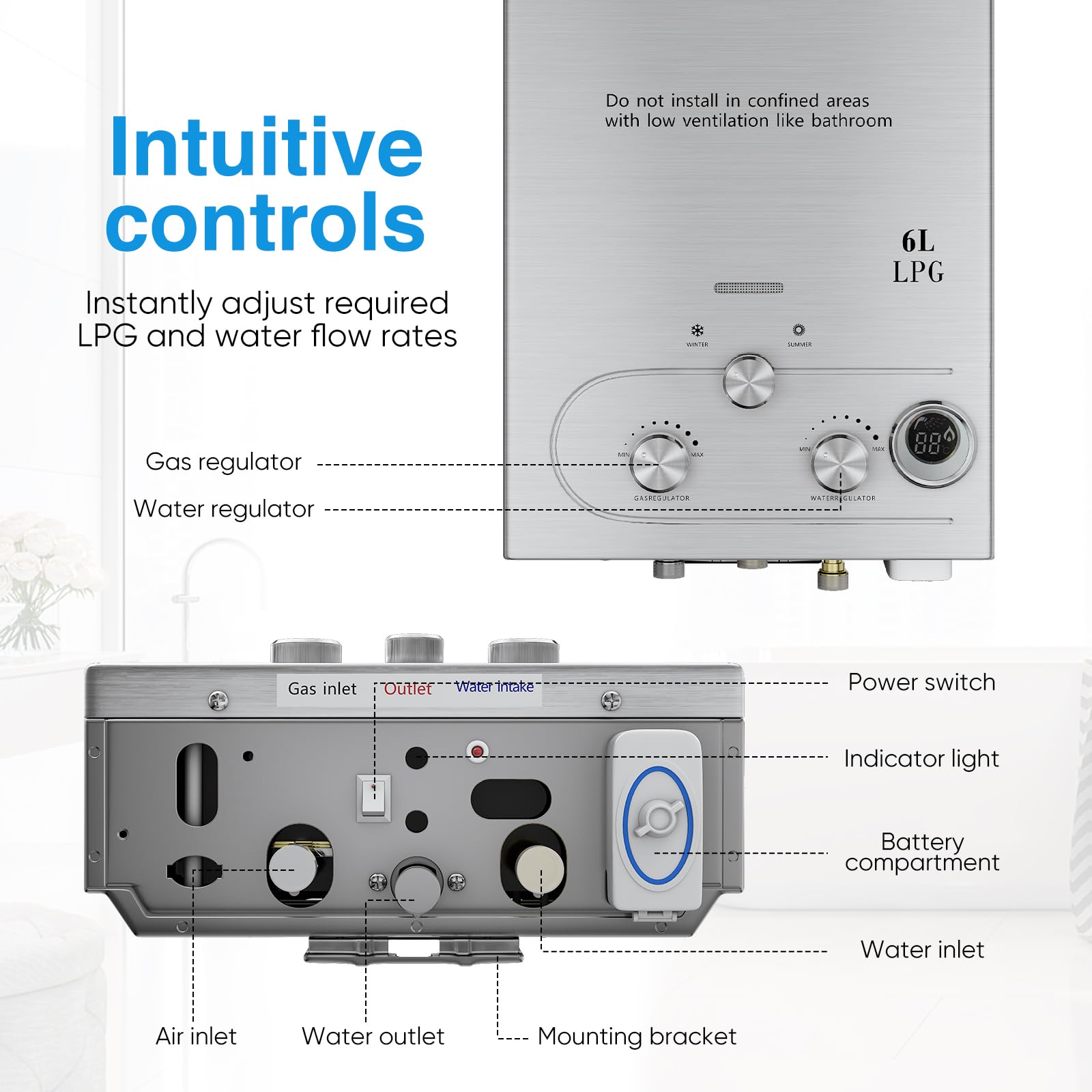 Chauffe-eau au gaz Propane gpl 6L/8L,avec Modes Hiver et Été, chauffe-eau instantané sans réservoir 16kw avec Kit de douche, brûleur de chaudière pour Camping, RV, maison ﻿ (6L)