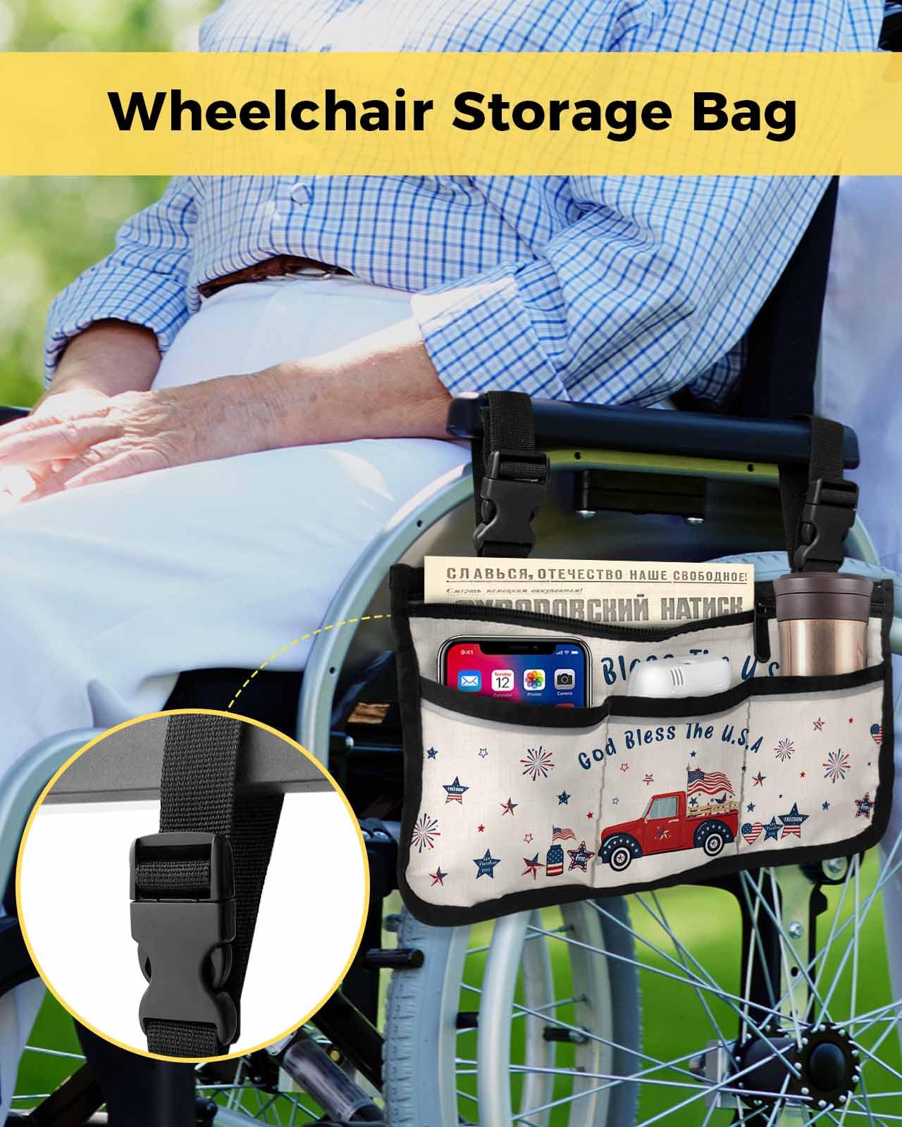 4th of July Wheelchair Side Bag Walker Bag, Independence Day Truck American Star Fireworks Wheelchair Accessories Armrest Pouch, Organizer Storage Bag for Walkers, Rollators, 7.3''x13''