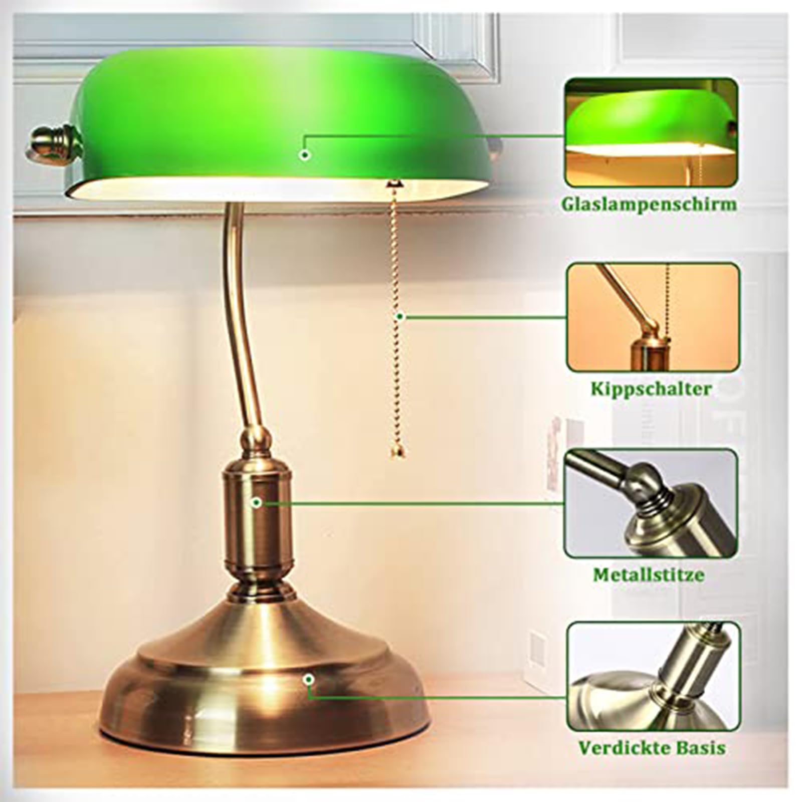 Traditionelle Bankerlampe, Schreibtischlampe, aus Metall, antik, mit Kette, Lampenschirm aus Glas, grün, Nachttischlampe für Schlafzimmer Messing Finish
