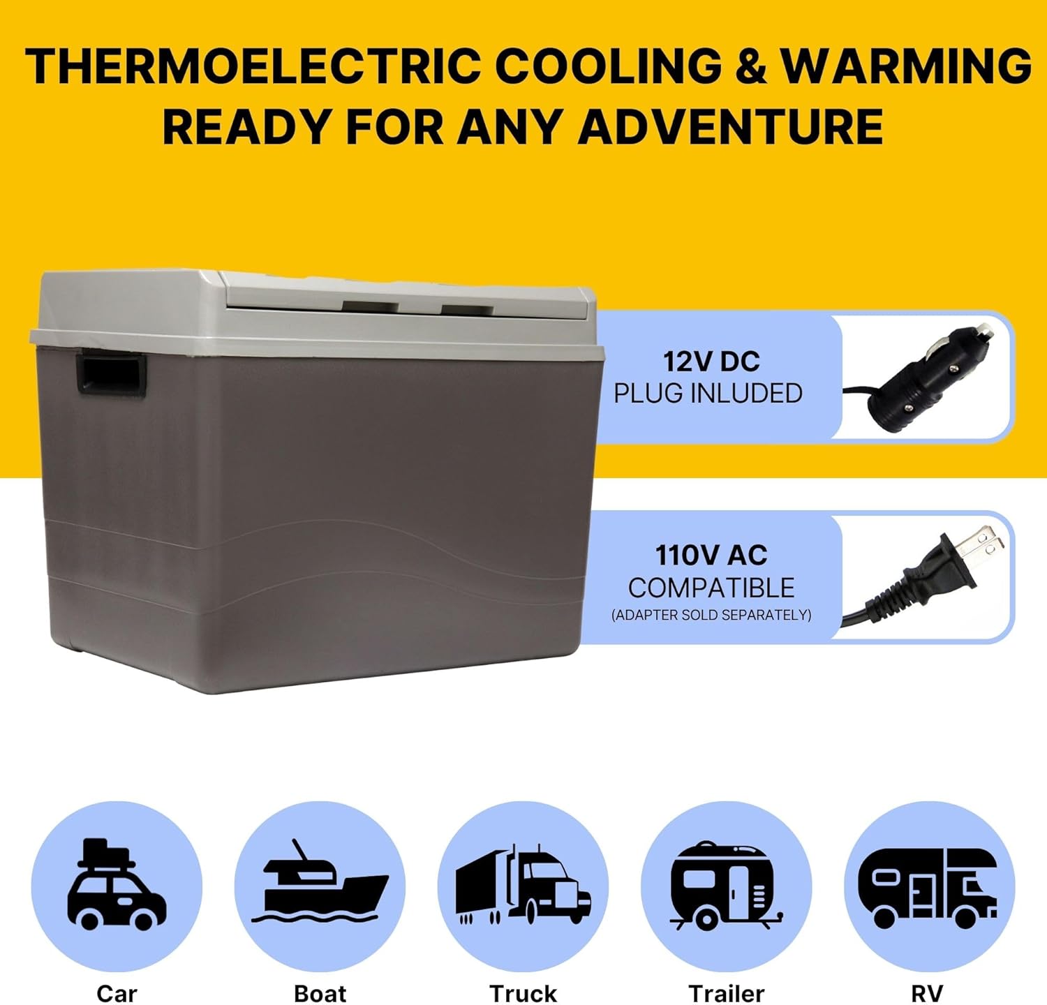Koolatron Cooler/Warmer with 12V DC plug and 110V AC adapter, showing usage in car, boat, truck, trailer, and RV.