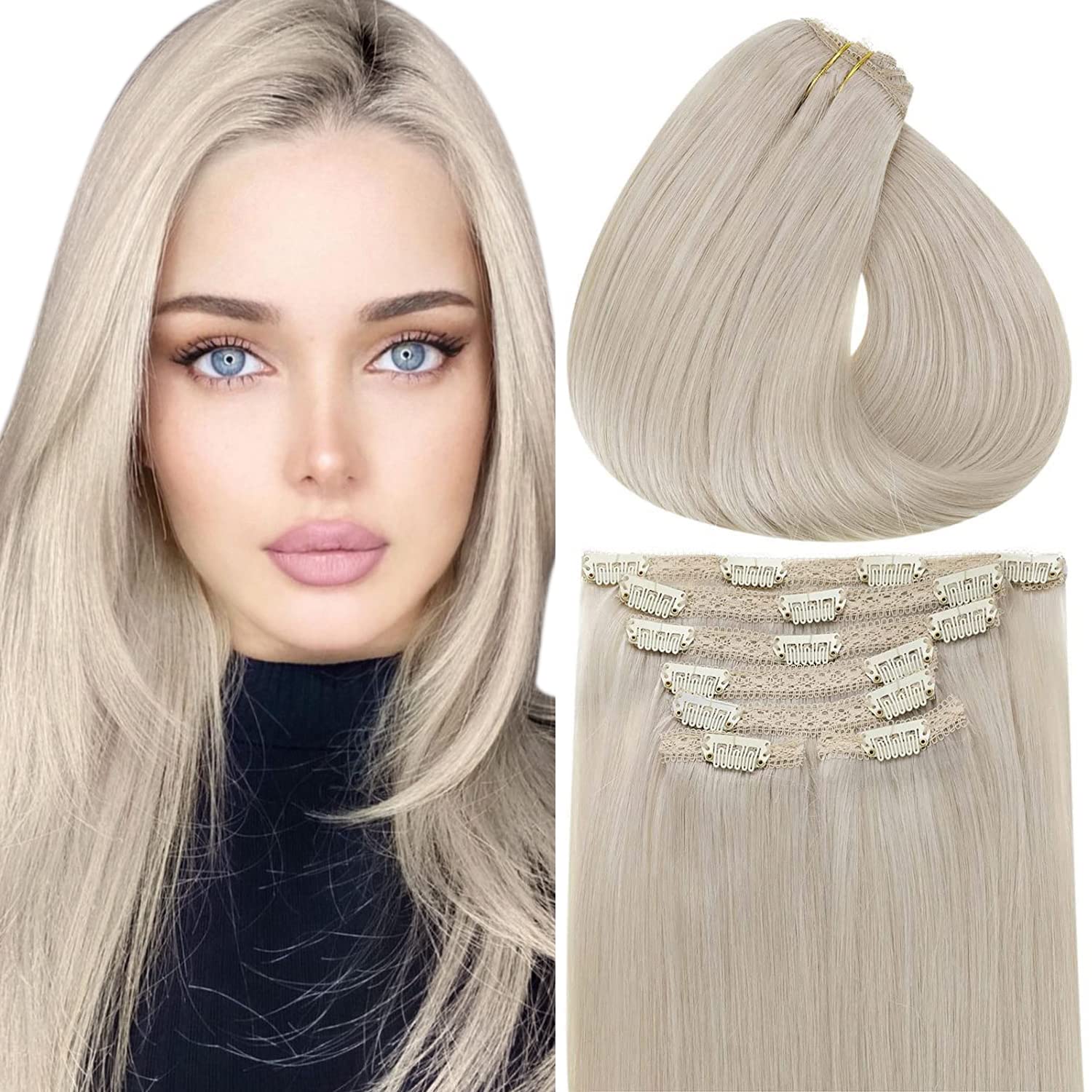 [Buy 2 Save 20%] 30cm Hair Extensions Clip in Human Hair Platinum Blonde Double Weft Straight Human Hair 70gram 7pcs Soft Blonde Clip on Extensions Silky Straight Remy Hair