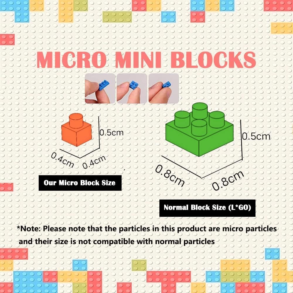 Comparison image showing the small size of micro blocks (0.4cm x 0.4cm x 0.5cm) next to a larger, standard building block (0.8cm x 0.8cm x 0.5cm).