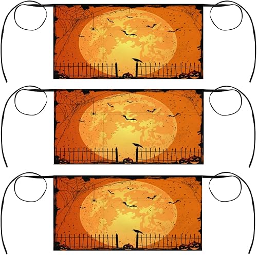 Halloween Moon Pumpkins 3 Pack Server Aprons with 3 Pocket Waterproof Womens Half Waist Aprons for Cooking Dishwashing Kitchen Gardening Salon