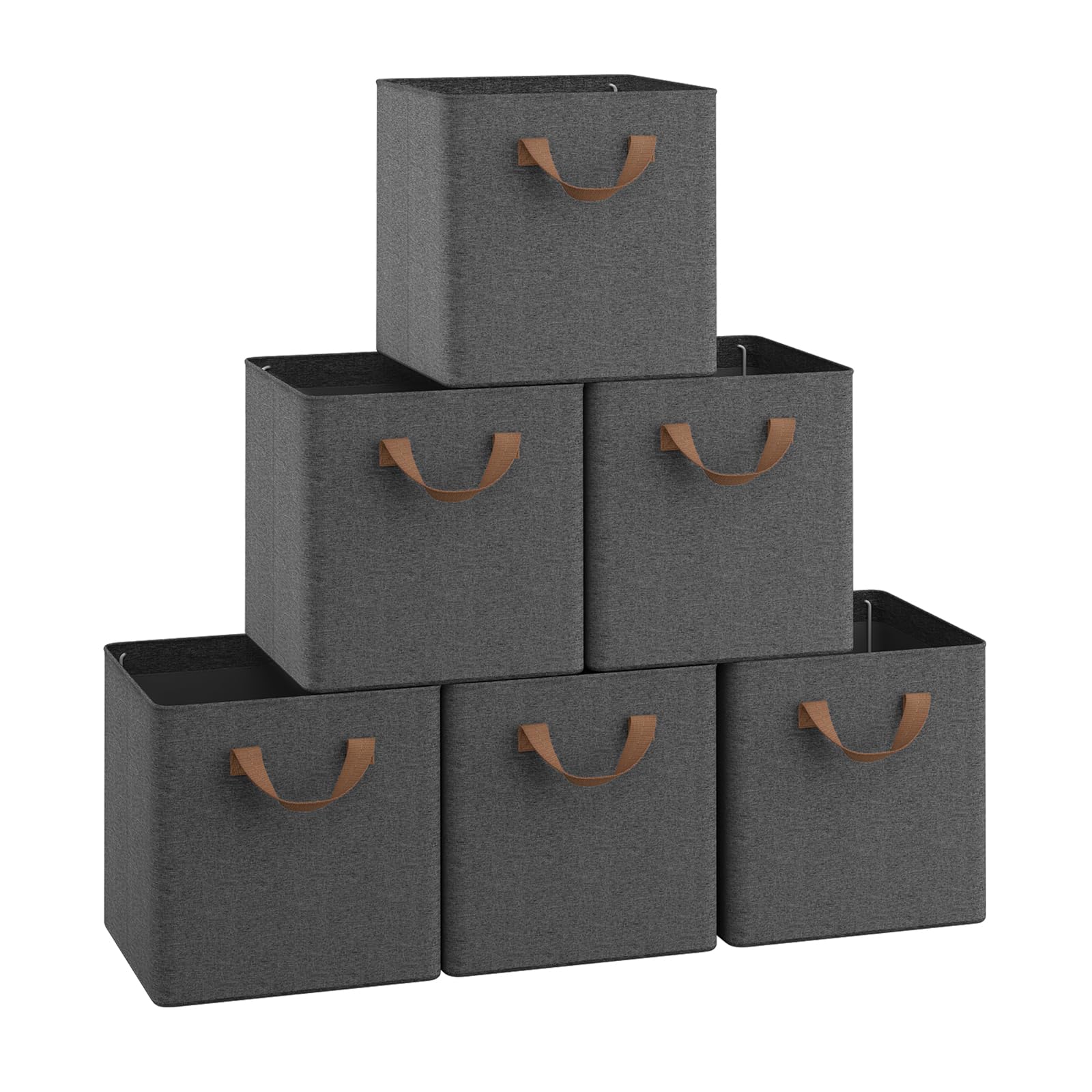 WOLTU Fabric Storage Boxes Set of 6, Collapsible Cube Baskets with Handles and Metal Frame, Wardrobe Organisers for Living Room, Study, Bedroom, Linen, Grey, 29x29x28cm