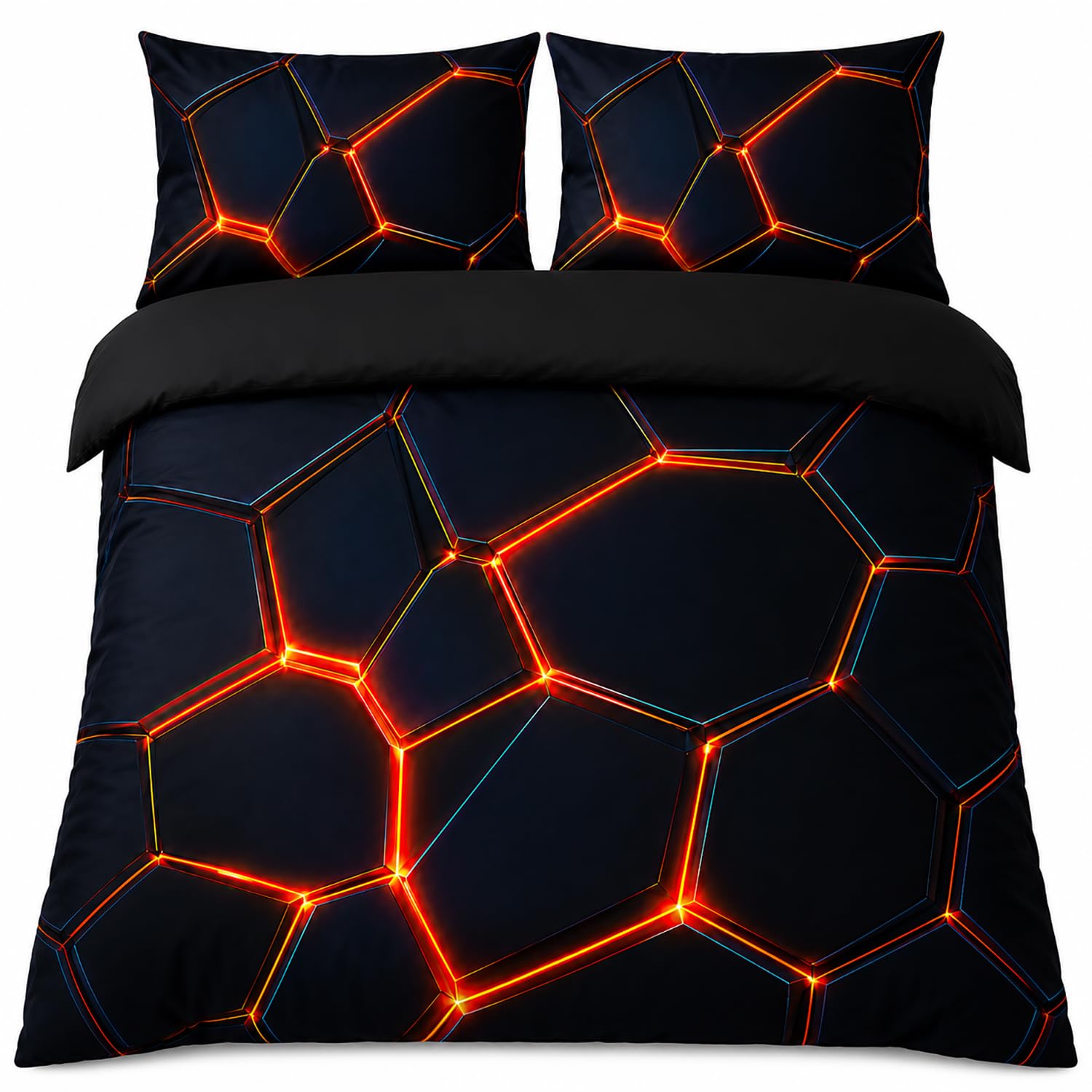 Ranedo Gaming Style Single Bedding Duvet Cover Set for Boys 135x200cm, Black Neon Orange Hexagon Kids Bedding Set, Soft Microfiber Duvet Cover with 2 Pillowcases, Zip Closure, Orange