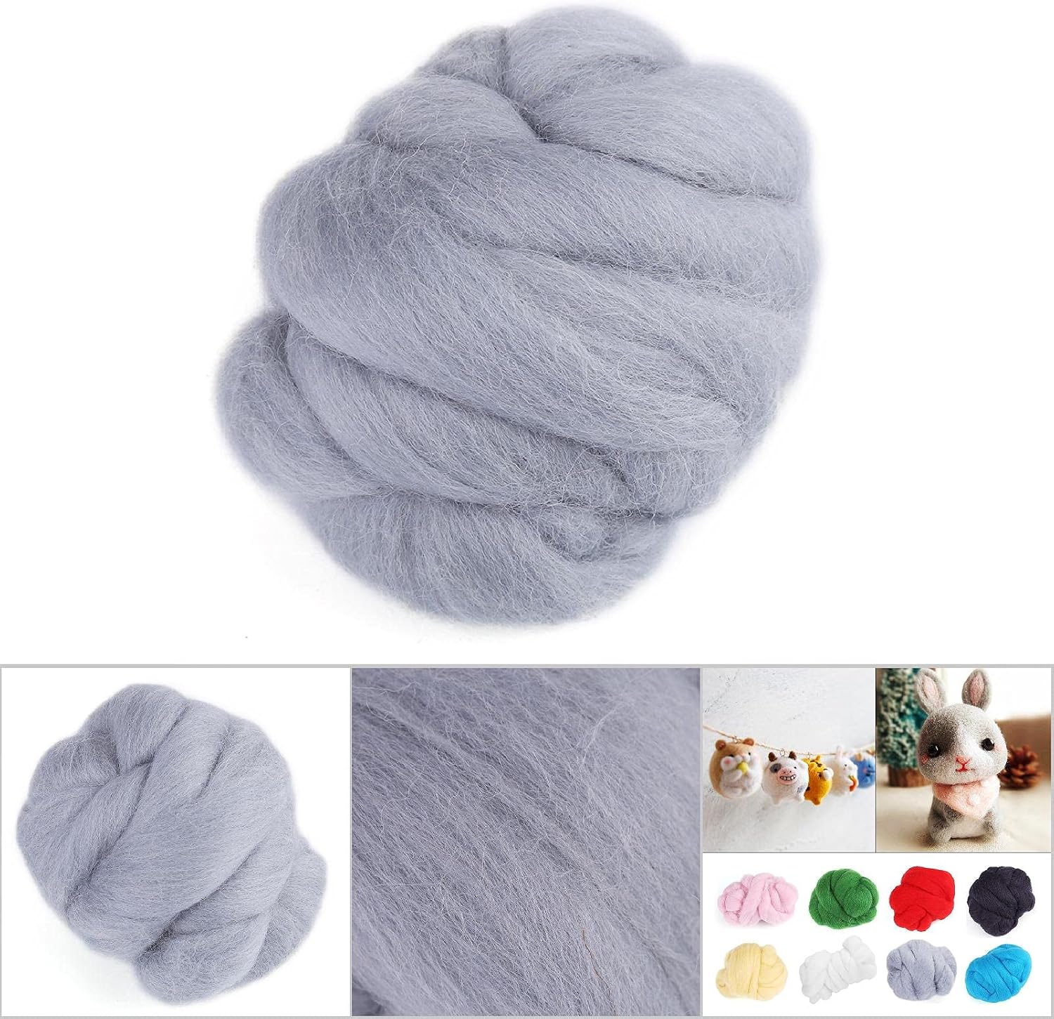 1.94oz Wool Roving, Fiber Roving Wool Top, Needle Felting Supplies, Pure Wools, Chunky Yarn, Spinning Wools for Needle Felting Wet DIY Hand Spinning (Grey)