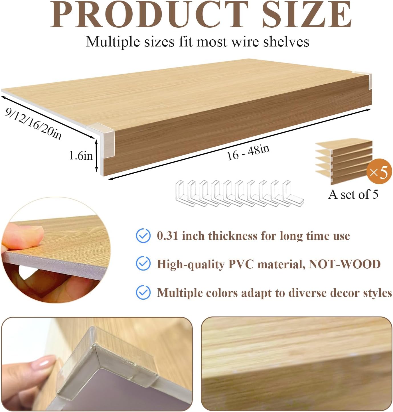 5 Pack Wire Shelf Covers,24x20x1.6in Wire Rack Covers for Pantry Durable PVC Shelf Liners-0.31 inch Thick, Moisture-Resistant Shelves Cover for Store Pantry Kitchen Removable Closet,#01 White