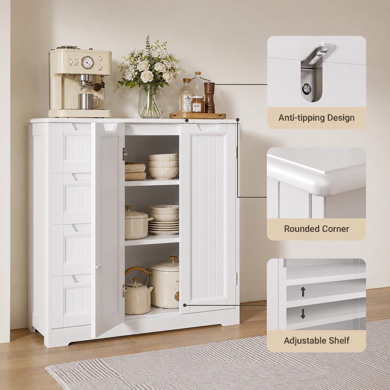 Xbro Küchenschrank, Sideboard mit 4 Schubladen und 2 Türen, Buffetschrank mit verstellbarem Einlegeboden, Aufbewahrungsschrank für Küche, Esszimmer und Wohnzimmer, 81 x 30 x 83 cm, Weiß