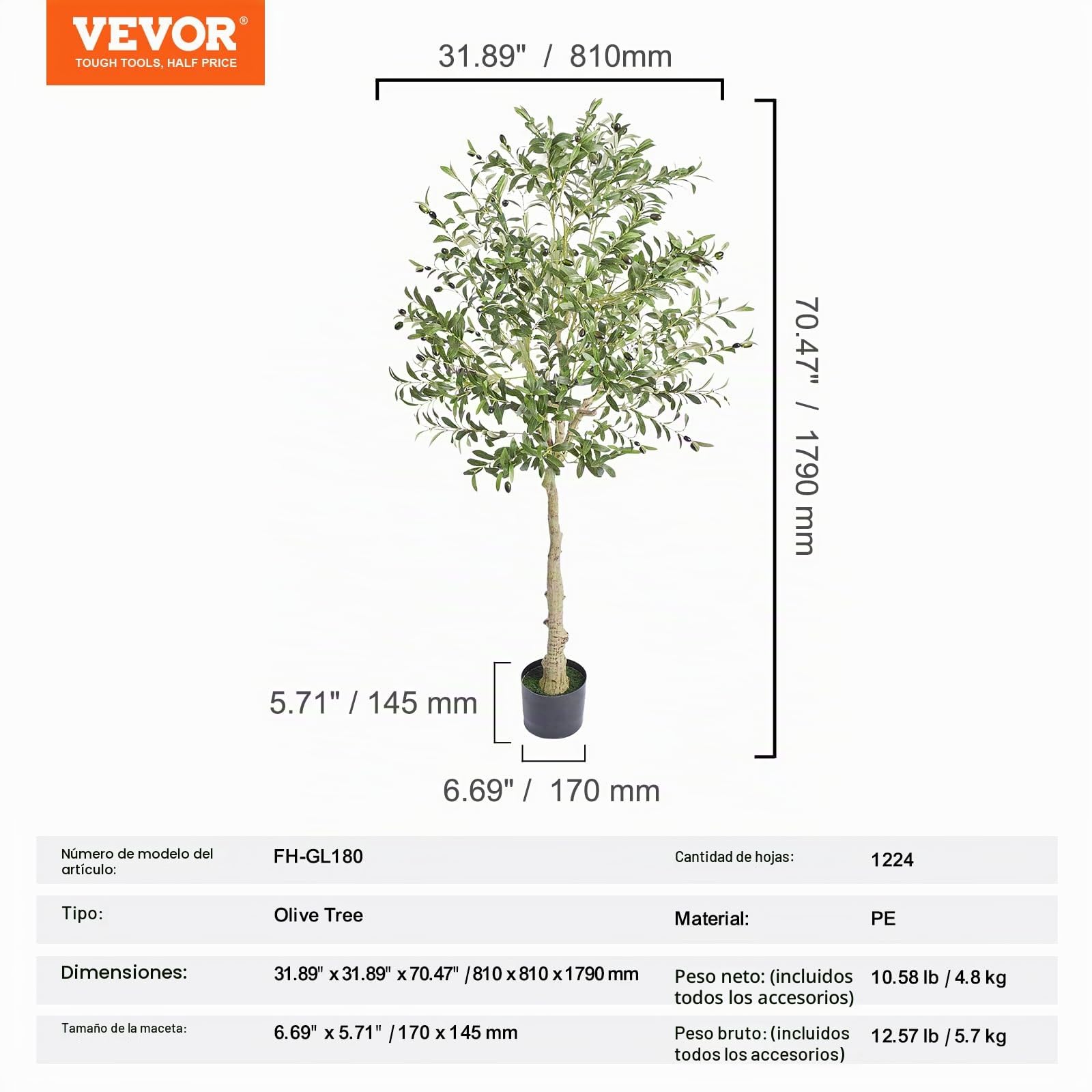 VEVOR Árbol Artificial de Olivo 810 x 1790 mm Planta Artificial de PE para Decoración Maceta de Árbol Verde 170 x 145 mm Planta Falsa para Hogar, Oficina, Hotel, Centro Comercial, Interior y Exterior