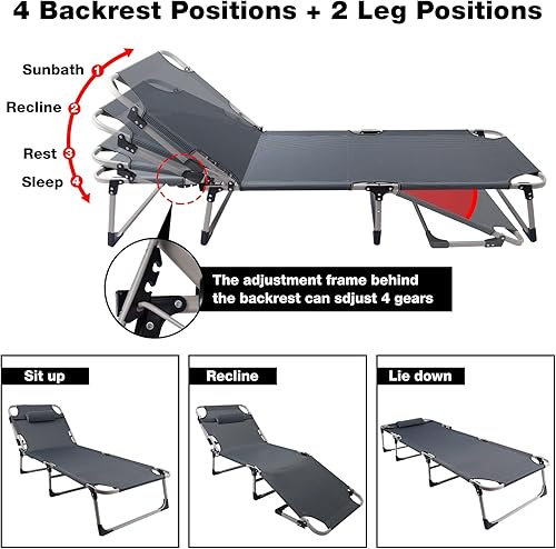 Miniatura 4 de REDCAMP Cuna plegable para acampar con almohadilla de colchón de cuna más gruesa ajustable de 4 posiciones reclinable tumbona plegable con almohada
