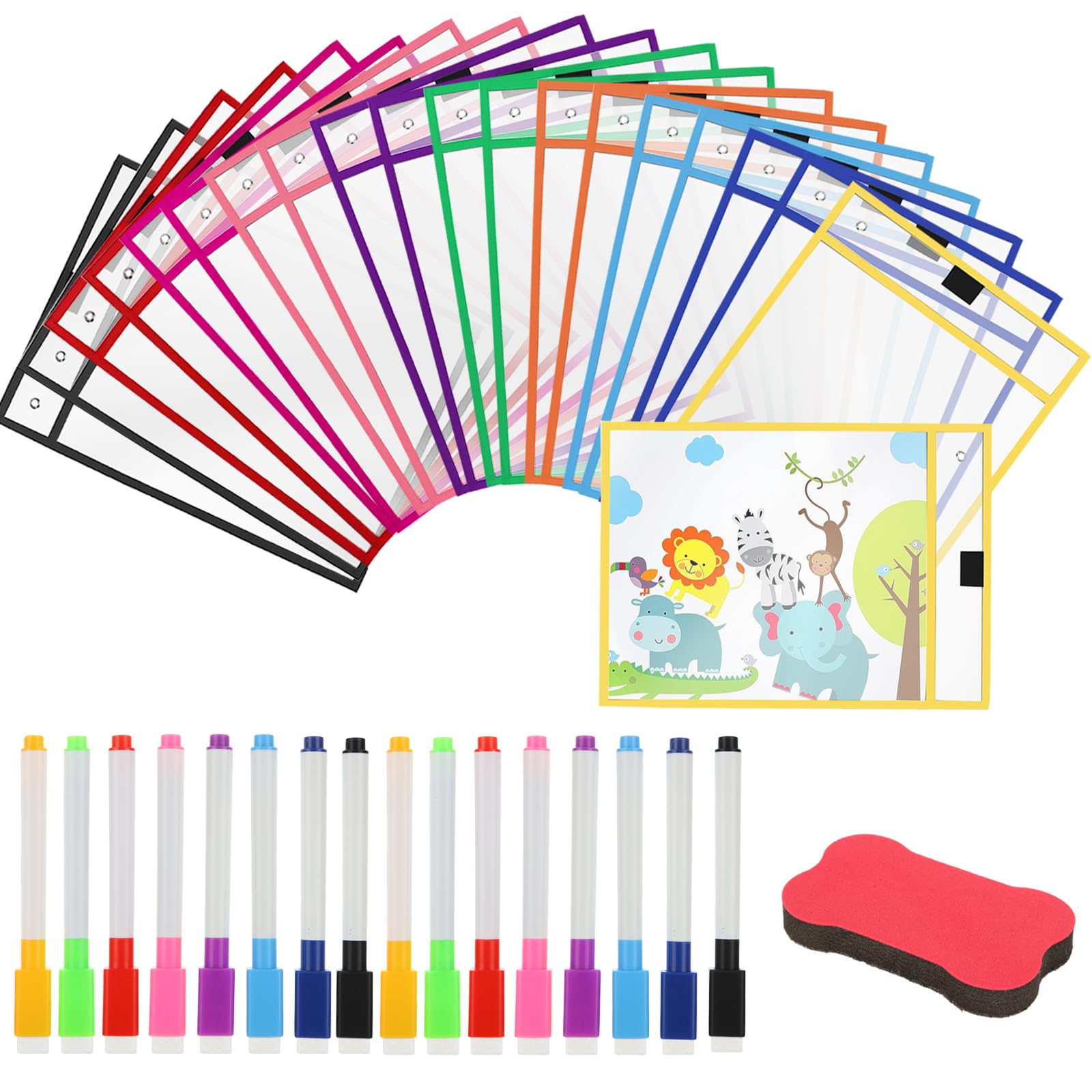 APACALI 37PCS Dry Erase Pockets Set, 20PCS Dry Erase Pockets A4, 16PCS Erase Pens, 1PCS Eraser