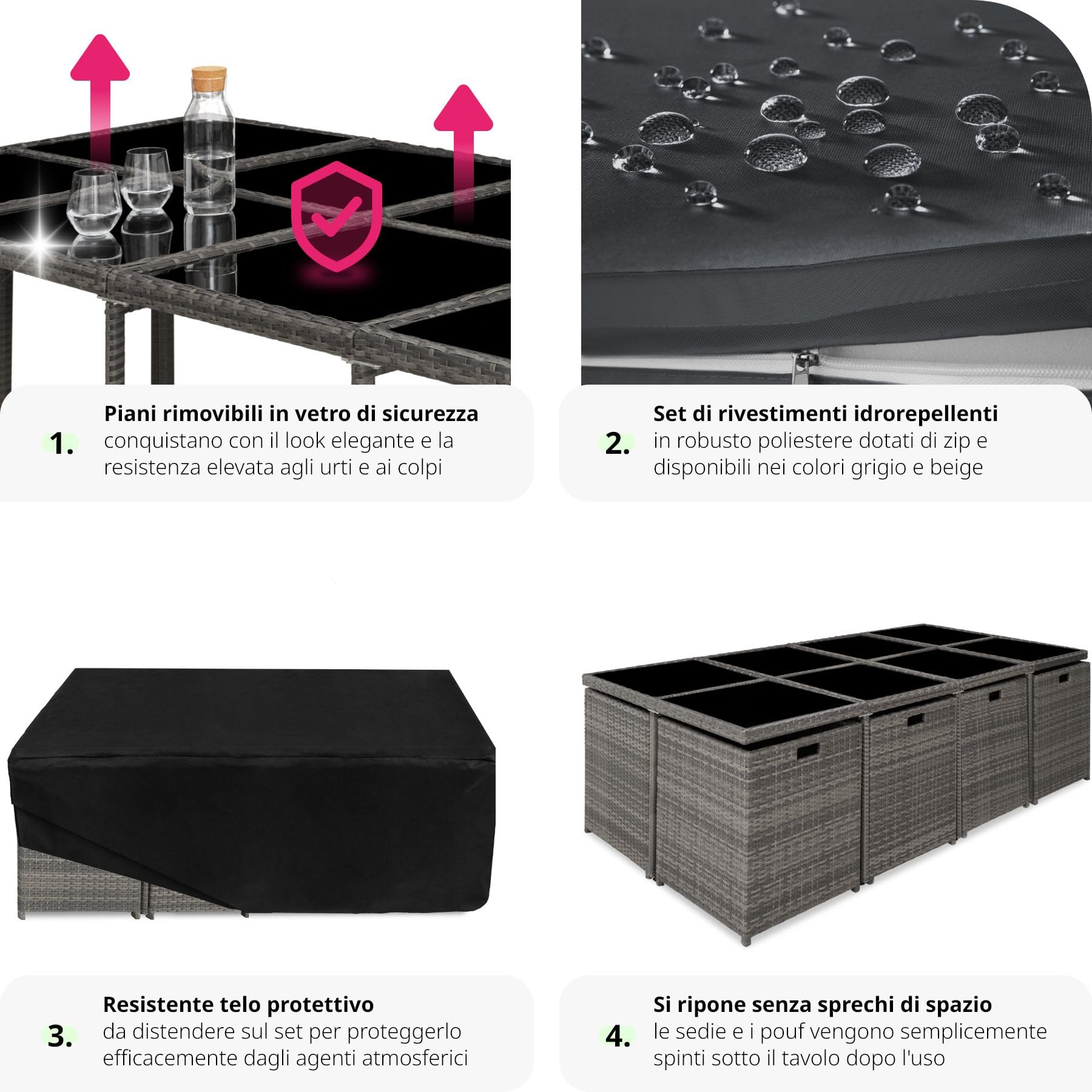 Tectake Set Mobili da Giardino in Poli Rattan 8 Sedie 1 Tavolo 4 Sgabelli Rivestimenti Rimovibili Idrorepellenti Grigio