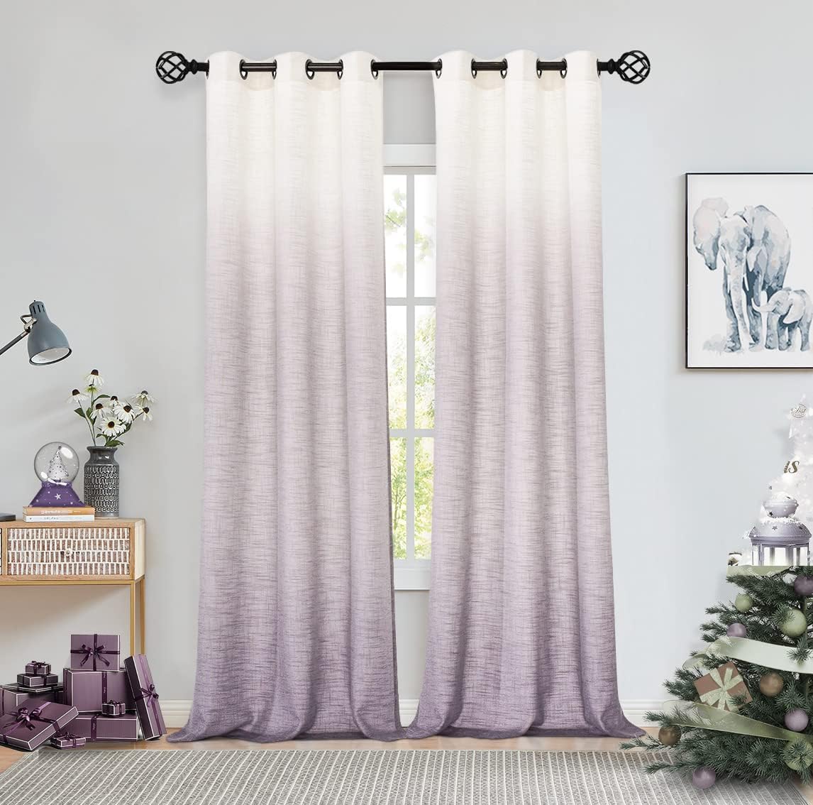 Ombre Window Curtain Panel Linen Gradient Print on Rayon Blend Fabric Drapery Treatments for Living Room/Bedroom, Cream White to Lavender Purple, 40" x 84", Set of 2