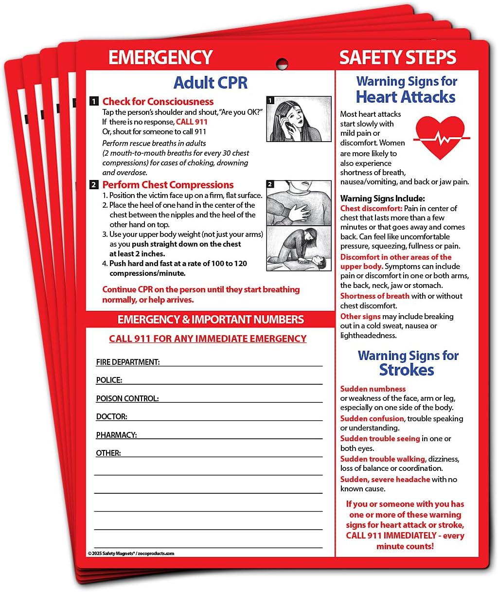 Safety Magnets by ZOCO – Adult CPR, Heart Attack and Stroke Warning Signs Fridge Magnets (5-Pack) – Quick First Aid Instructions Chart – Emergency Numbers List – Laminated Card, 8.5" x 11"