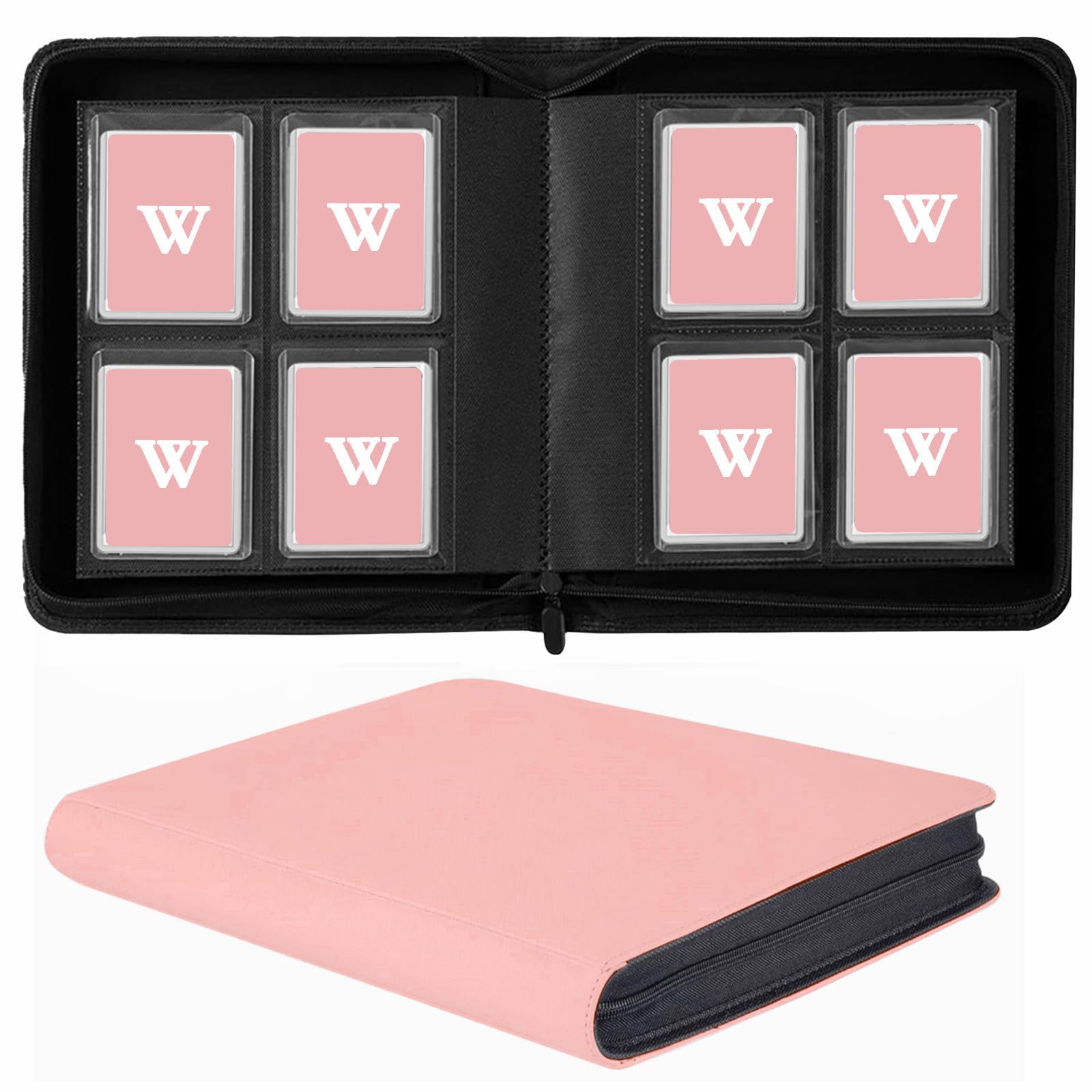 Toploader Binder, 4-Pocket Top Loaders Binder Album Holds 128 Top Loaders, Toploader Card Binder for 3" x 4" Rigid Cards, Ringless Toploader Folder (Pink)