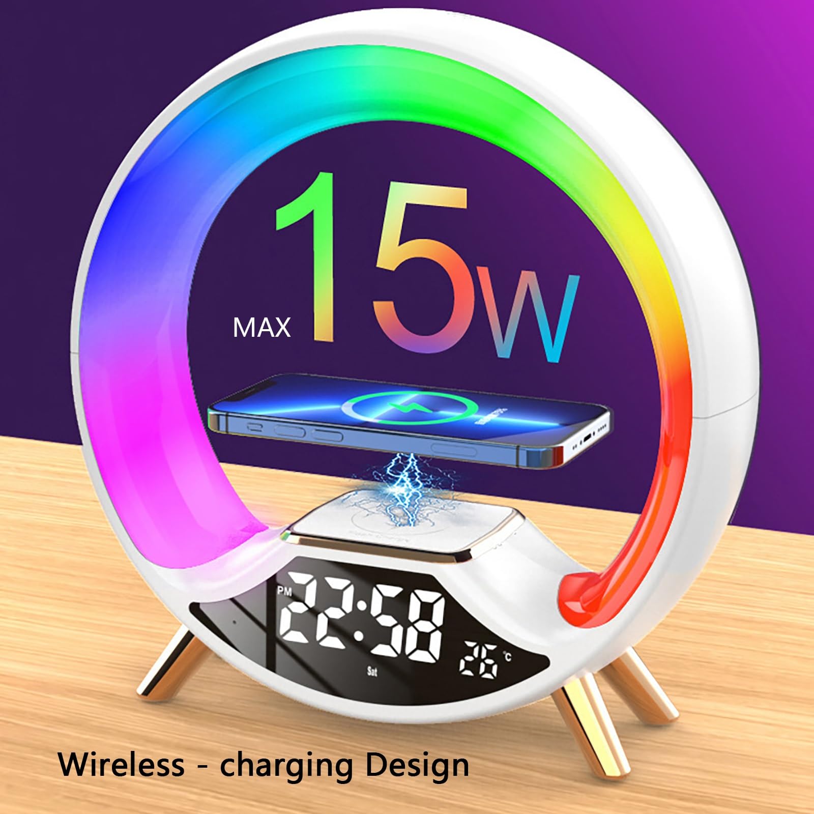Sveglia Simulazione Alba con Ricarica Wireless 15W & Altoparlante Bluetooth, Luce Atmosferica RGB, Aiuto Al Sonno, Orologio Digitale per Camera Da Letto, Sala Gaming (3 Colori)(Black)