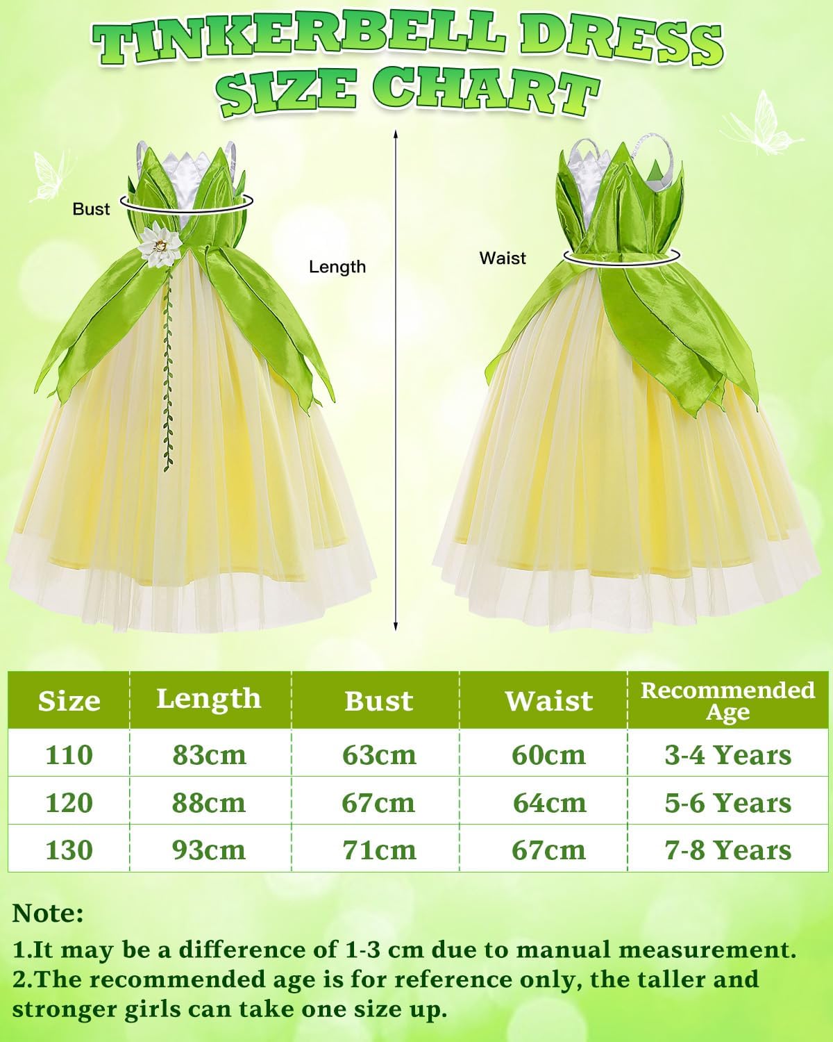 Costume Tinkerbell Bambina, Vestito Principessa con Ali, Corona, Bacchetta Magica e Accessori, Costume Tinkerbell Principesse 3-8 Anni per Compleanni, Cosplay, Carnevale e Halloween