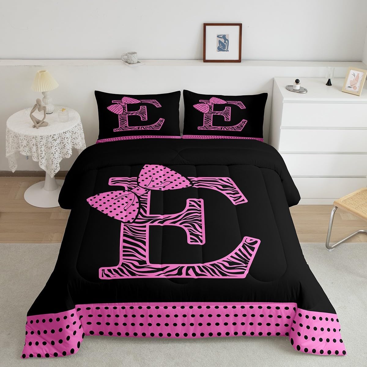 jejeloiu Pink Bow Kids Bedding Set Full Size,Bow Pink Black Dots Comforter Set,Personalized Letter E Ultra Soft Duvet Quilt,Girl Bow Coquette Comforter Initial Letter E Bedroom Decor
