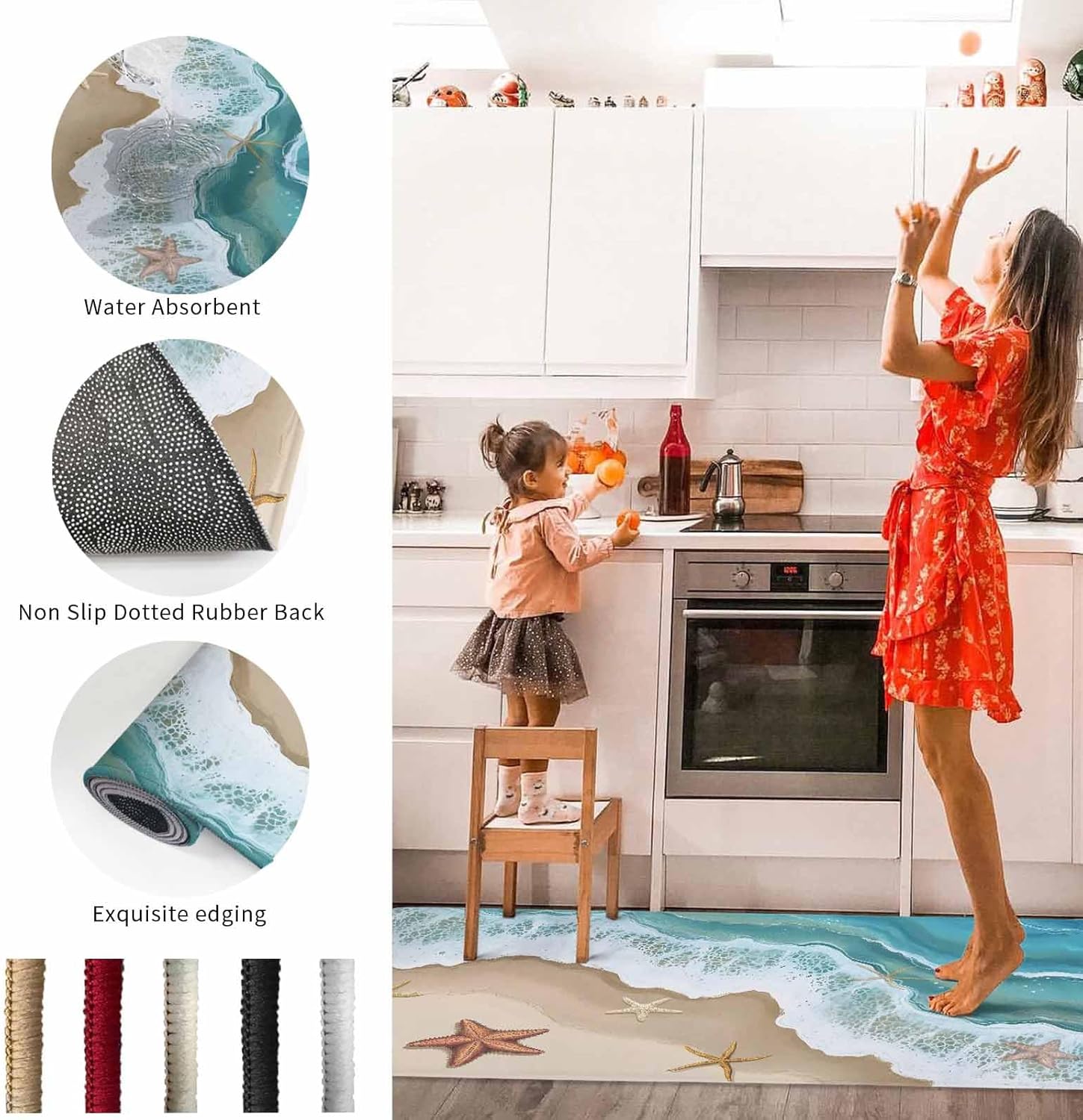 2 Pieces Kitchen Rugs and Mats,Nautical Ocean Sea Wave Starfish Area Runner Rug Set Non Slip Floor Doormat Washable Carpet Standing Mat for Kitchen Sink Indoor Corridor,Marine Life Beach Theme