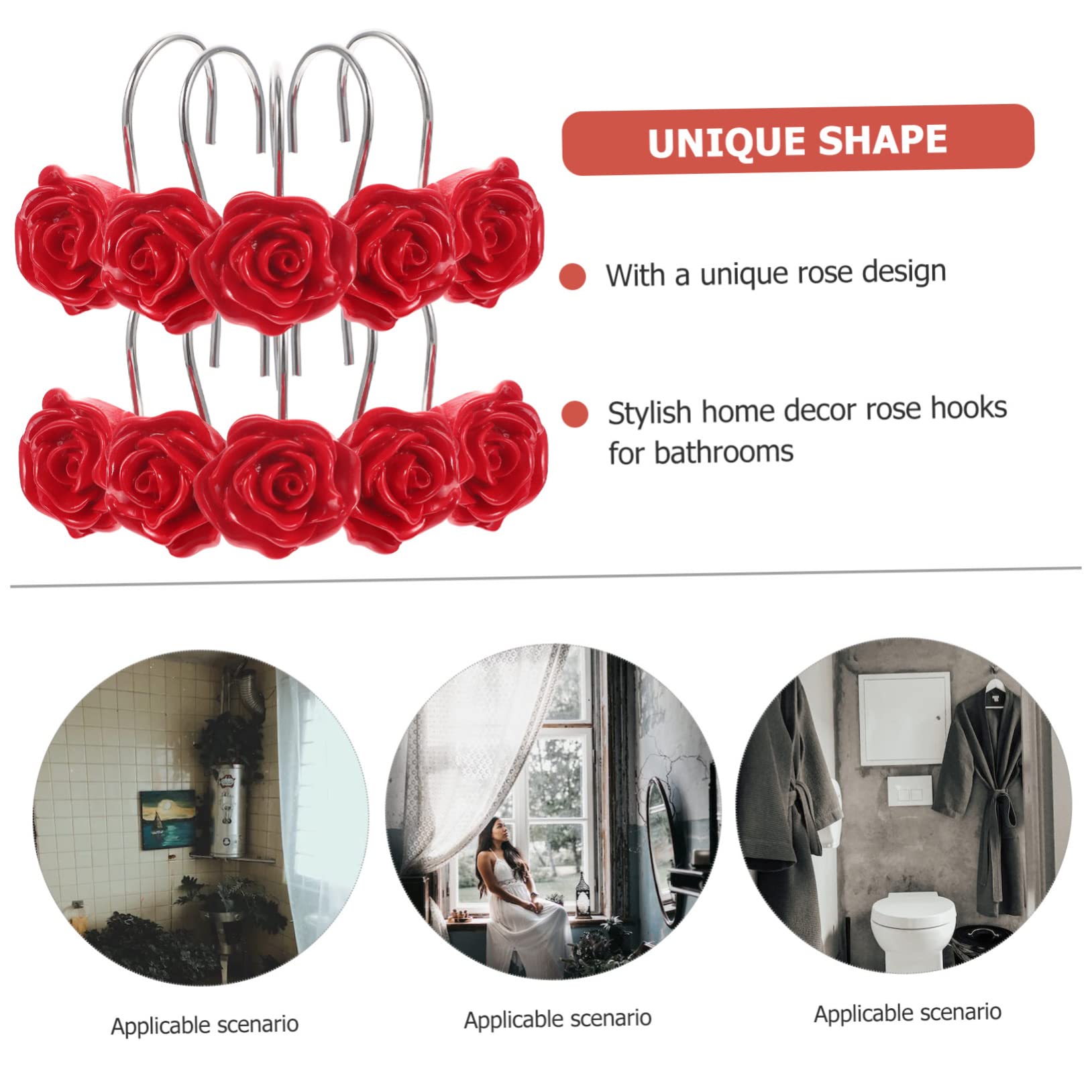 Yardenfun 12Pcs Rose Design Shower Curtain Hooks Hangers for Use Bathroom Decor Elegant Drapery Ring Hangers for Standard Shower Curtains