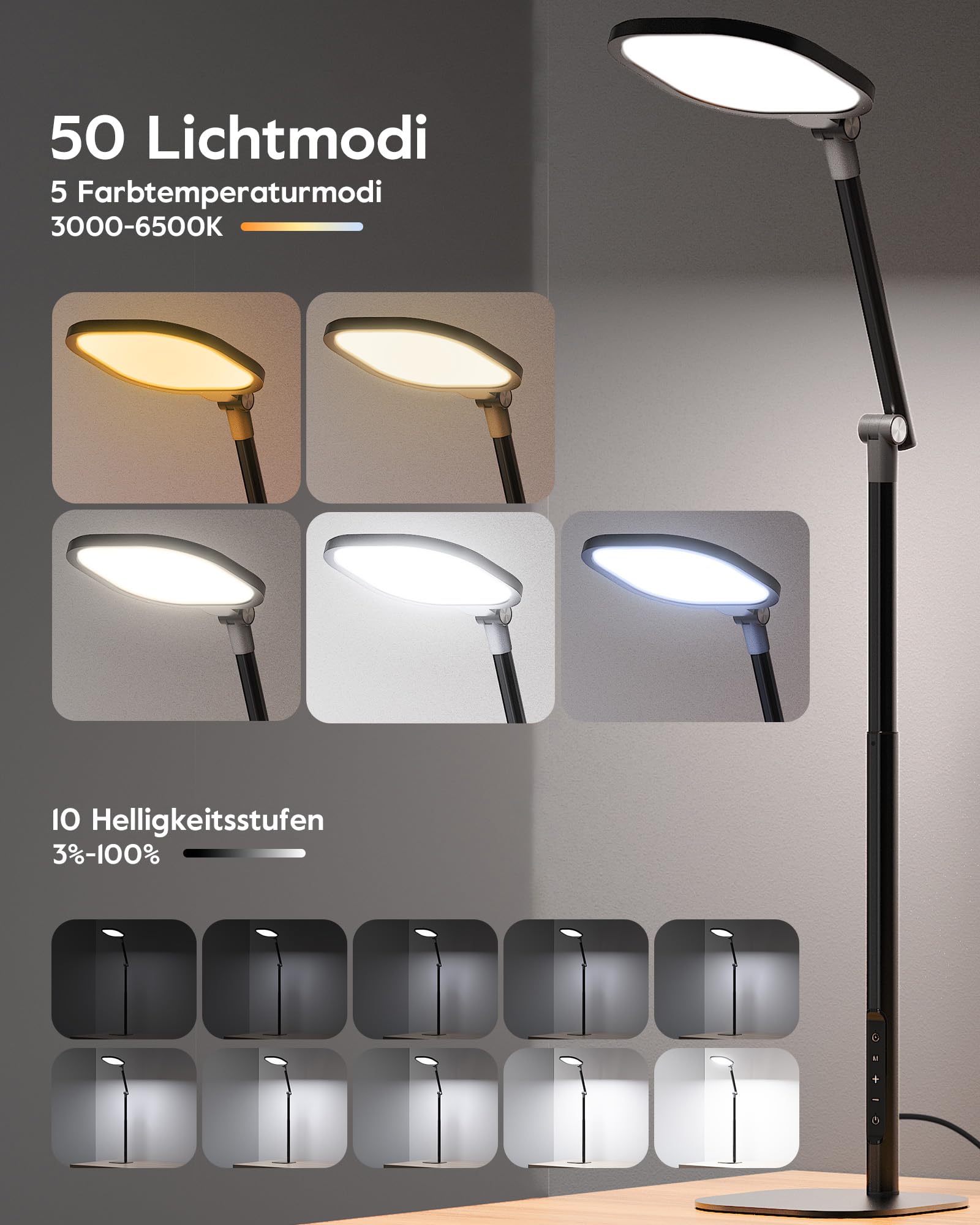 LitONES LED Schreibtischlampe mit Sockel, hohe dimmbare Tischlampe mit 50 Leuchtmodi sowie Speicher- und Timer-Funktion, Bürolampe für Videokonferenzen, Architekten oder zum Lernen [Energieklasse A]