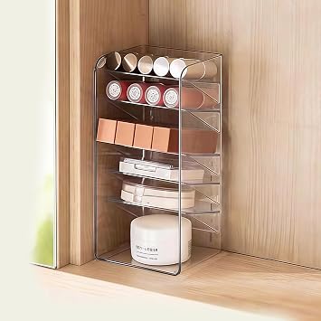 PAVSTINE Medicine Cabinet Organizer with Adjustable Dividers, Clear Vertical Layered Backward Slanting Shelves for Pressed Powder/Lip Gloss/Mascara Storage 5-Tier Gentle Slant