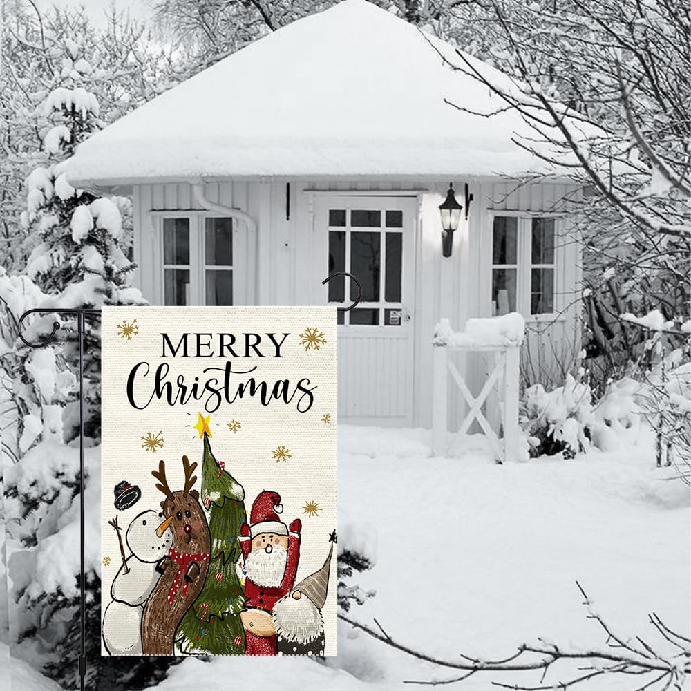 Merry Christmas Gnomes Garden Flag 12x18 Inch，Santa Claus Christmas Tree Double Sided Small Burlap Holiday Reindeer Snowman Yard Decoration for Outside - Image 4