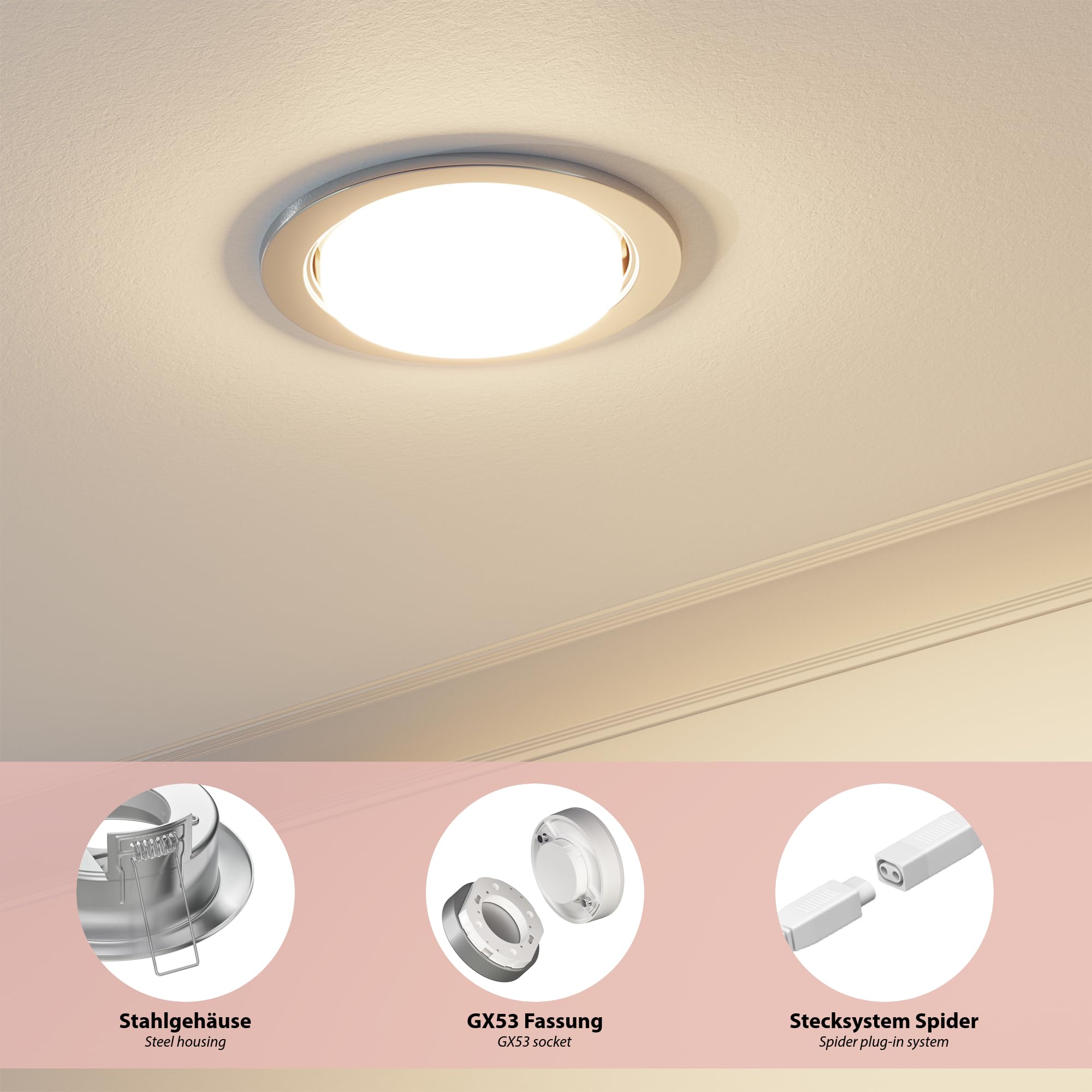 ledscom.de LED Decken-Einbaustrahler RUBA chrom matt GX562W je 509lm warmweiß rund flach 107mm Ø Lochkreis ca. 83-100mm Ø 10er Set