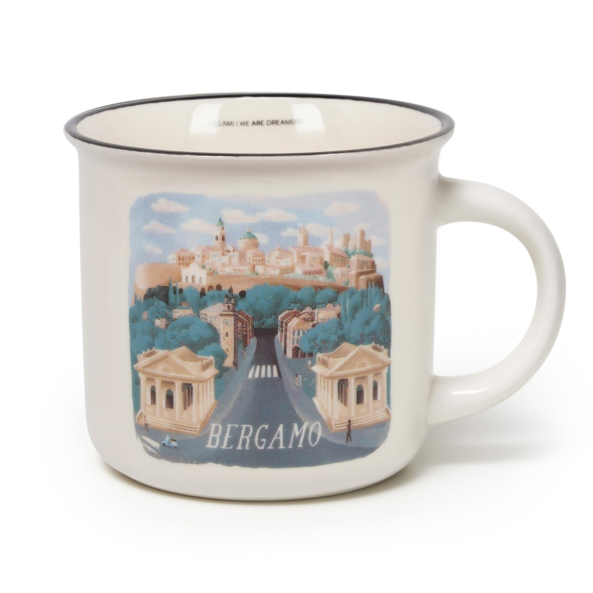 LEGAMI - Porcelany kubek Cuppuccino New Bone China, kubek na śniadanie World Cities, kubek kawy Thé można prać w zmywarce, średnica 10 cm, pojemność 350 ml, motyw bergamo