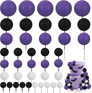 BEISHIDA 40 pcs Foam Ball Halloween Cake Toppers with Sticks Perfect for Graduation Halloween Cake Decor Birthday Graduation Congrats 2026 Cake Decoration Wednesday Theme Party(Black, White, Purple)