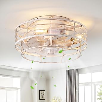 Ceiling Fan with Light and Remote, Modern Flush Mount Fan Lights Cage Ceiling Fixture, Bladeless 12 in 6 Speeds Fans with Lights for Kitchen Bedroom Living Room, White and Gold