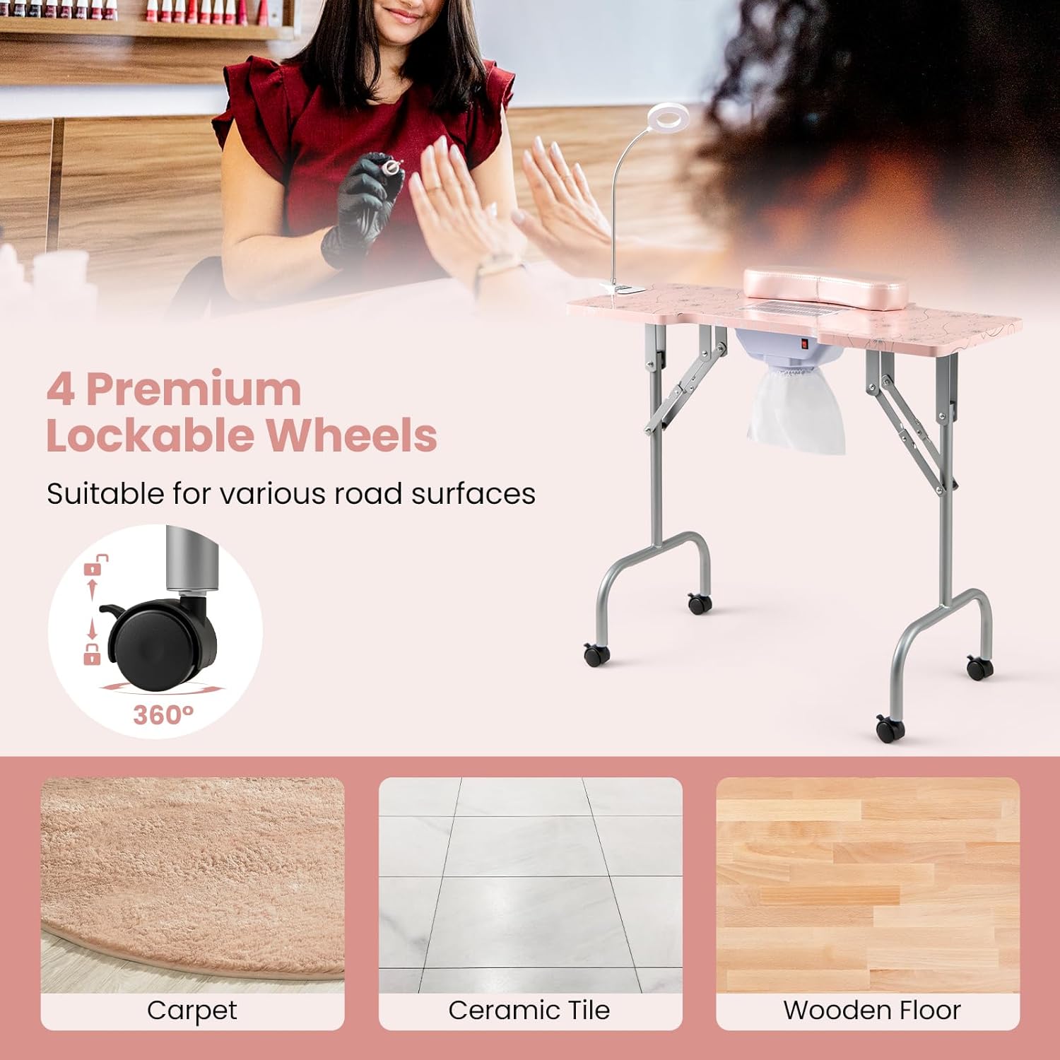 GOFLAME Manicure Nail Table, Folding Nail Salon Workstation w/Electric Dust Collector, 3 Dust Bags, LED Lamp, Detachable Armrest Pad, Lockable Wheels, Carrying Bag, Portable Spa Salon Table (Pink)