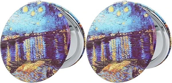 PDOZV Pocket Mirror, 2 Pcs Round 2.8” PU OilPainting Style Double Sided 1X/3X Purse Compact Mirrors (OilPainting02)