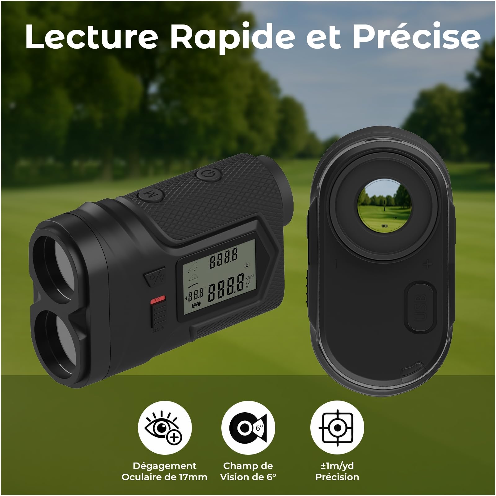 Télémètre Golf 1097M avec Pente on/Off et Verrouillage du Drapeau par WanderS – Télémètre Laser USB-C Rechargeable, Grossissement 6X, Mode Tournoi, Écran Latéral – Accessoire Golf Homme