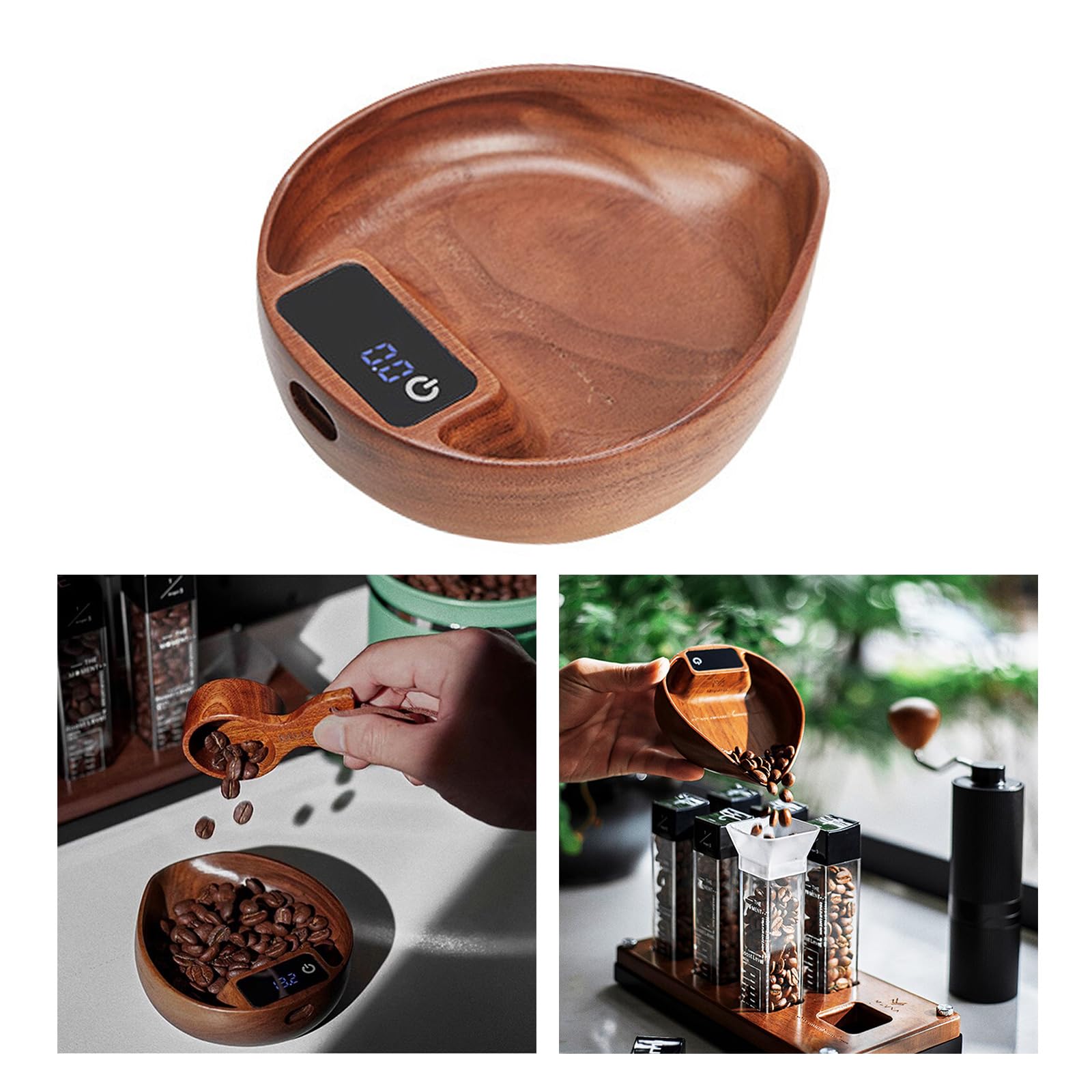 Báscula eléctrica elegante para café expreso, con textura de madera, bandeja de pesaje de café, báscula de cocina para café