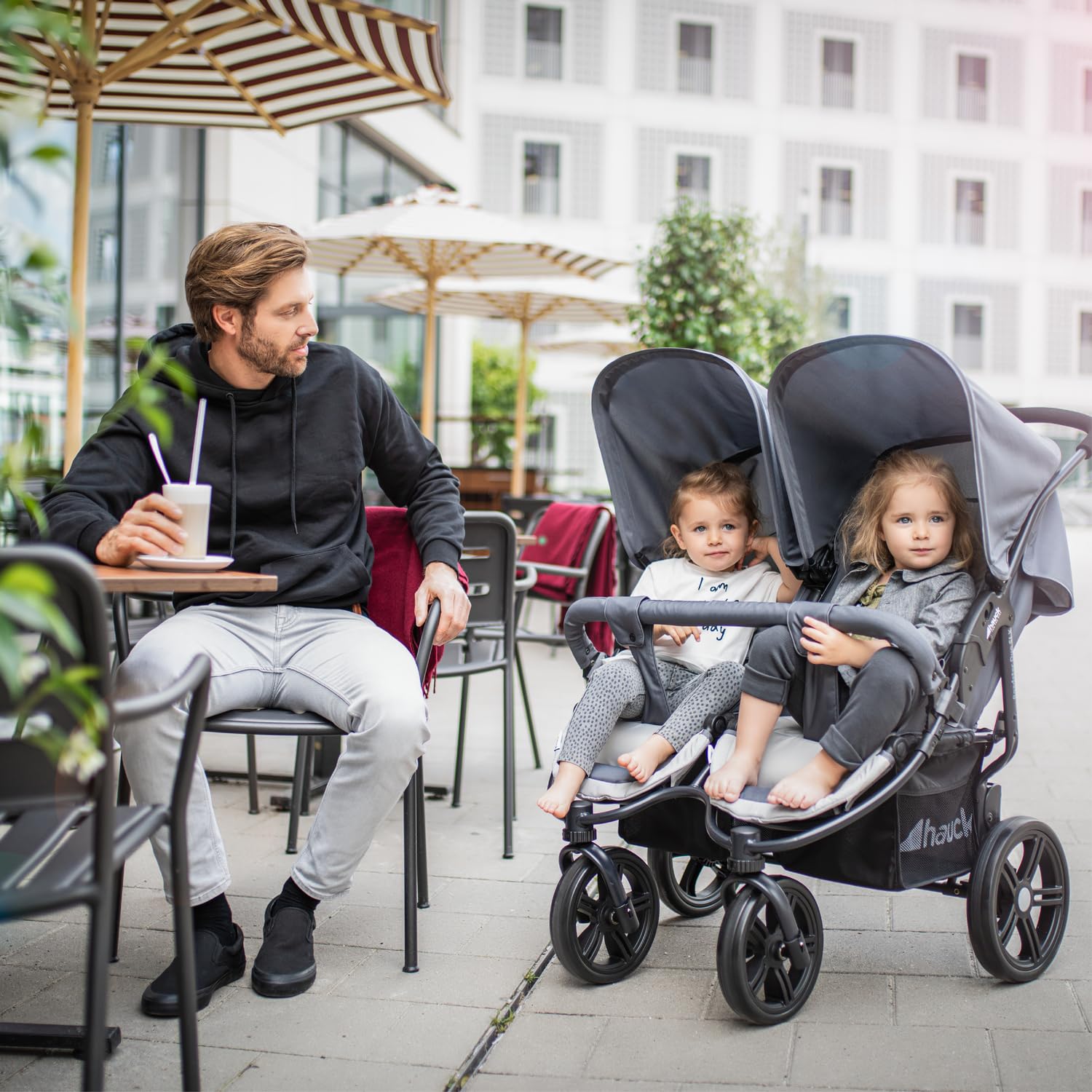 Hauck Roadster Duo SLX Zwillingsbuggy ab Geburt bis 15 kg Liegefunktion XL Korb Zusammenklappbar Grau Silber