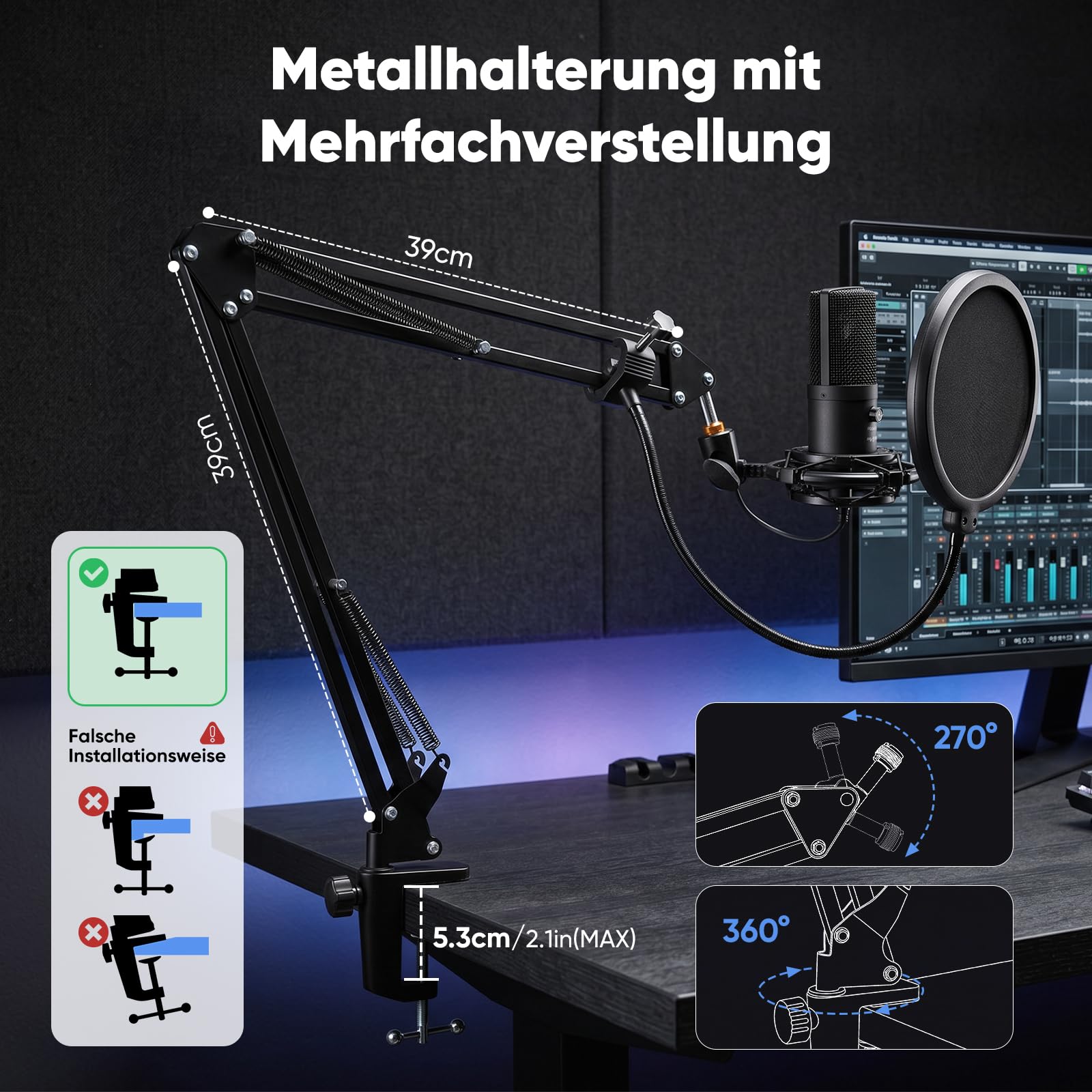 FIFINE Streaming Mikrofon PC mit Arm, USB Mikrofon PS4 PS5, Microphone für Gaming Podcast Studio, Popfilter, Shock Mount