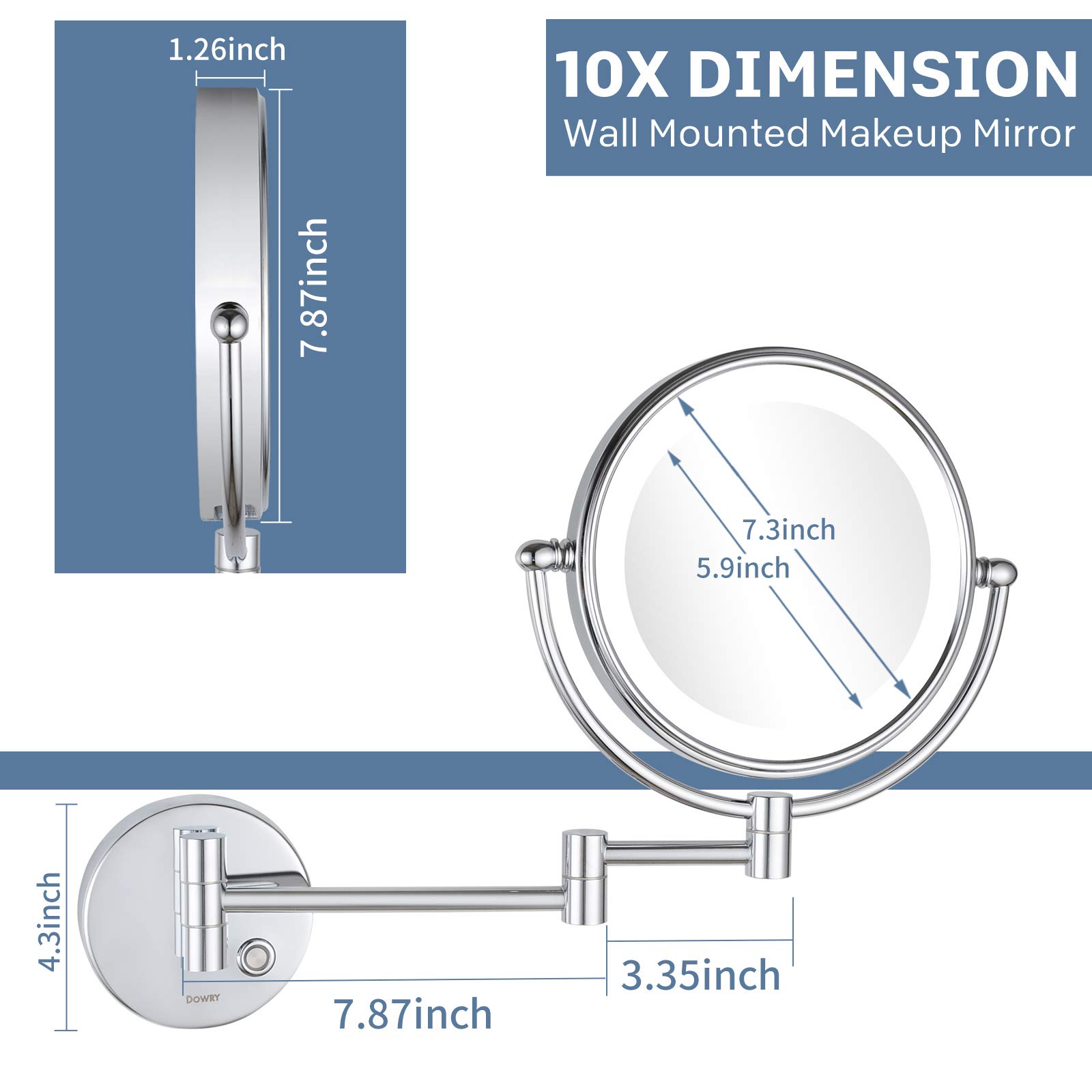 DOWRY Wand Schminkspiegel mit Beleuchtung Vergrößerungsspiegel mit Licht 10x LED Kosmetikspiegel Wandmontage mit Stecker Rasierspiegel Ausziehbar Touch Button,Chrom,Ø20 cm