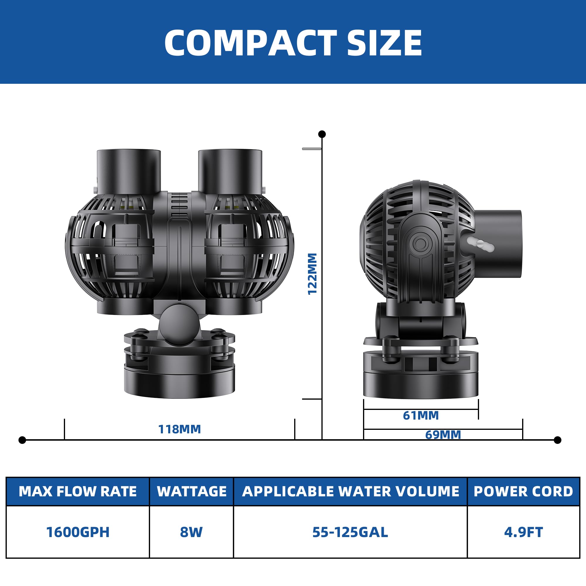 Aysoner Pompa Wave Maker per acquario: 55/75/125Gallon Magnetic Fish Tank Powerhead per acqua salata d'acqua dolce 1600GPH 8W Pompa regolabile per pesci