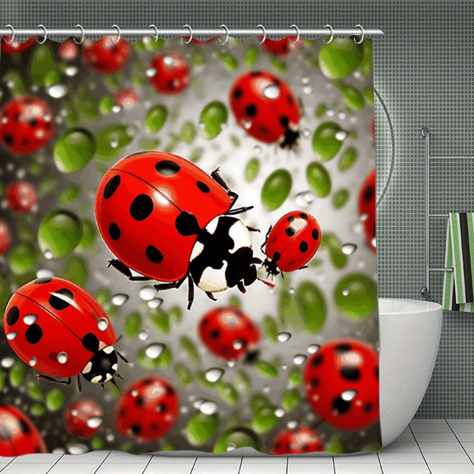 VstaDank Ladybug Shower Curtain Waterproof Bathroom Curtain with Hooks Luxury Weighted Bath Curtains for Bathtubs Showers Room Dividers Decorative Shower Curtains 71x71 in